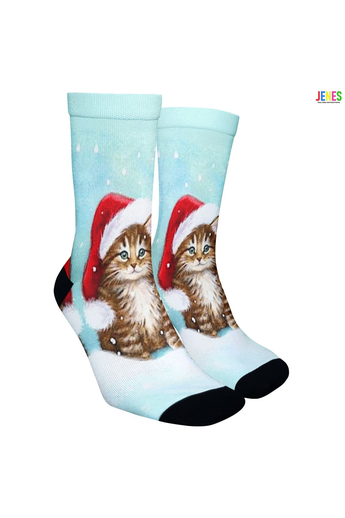 Noel Şapkalı Kedi Yılbaşı Çorabı - Unisex