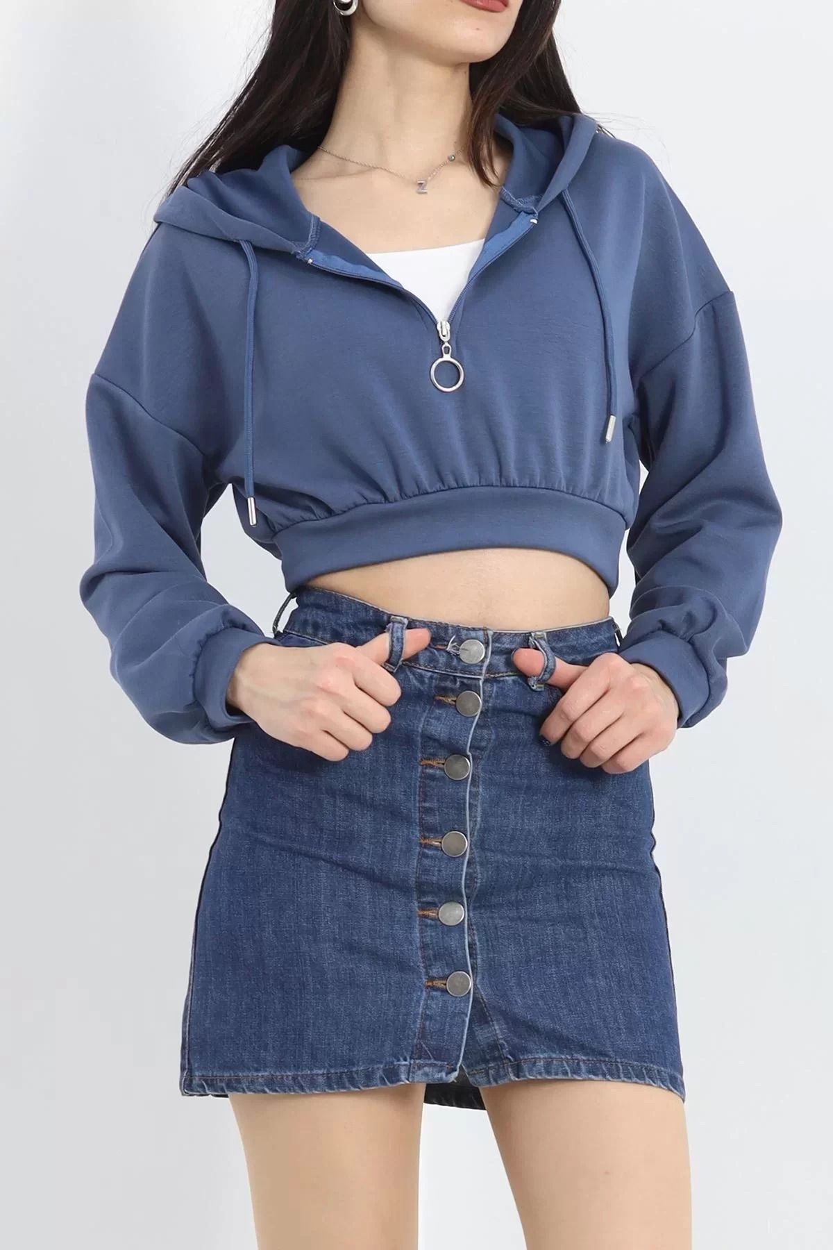 Modal Kapşonlu Crop Sweat Indigo - 12885.148.