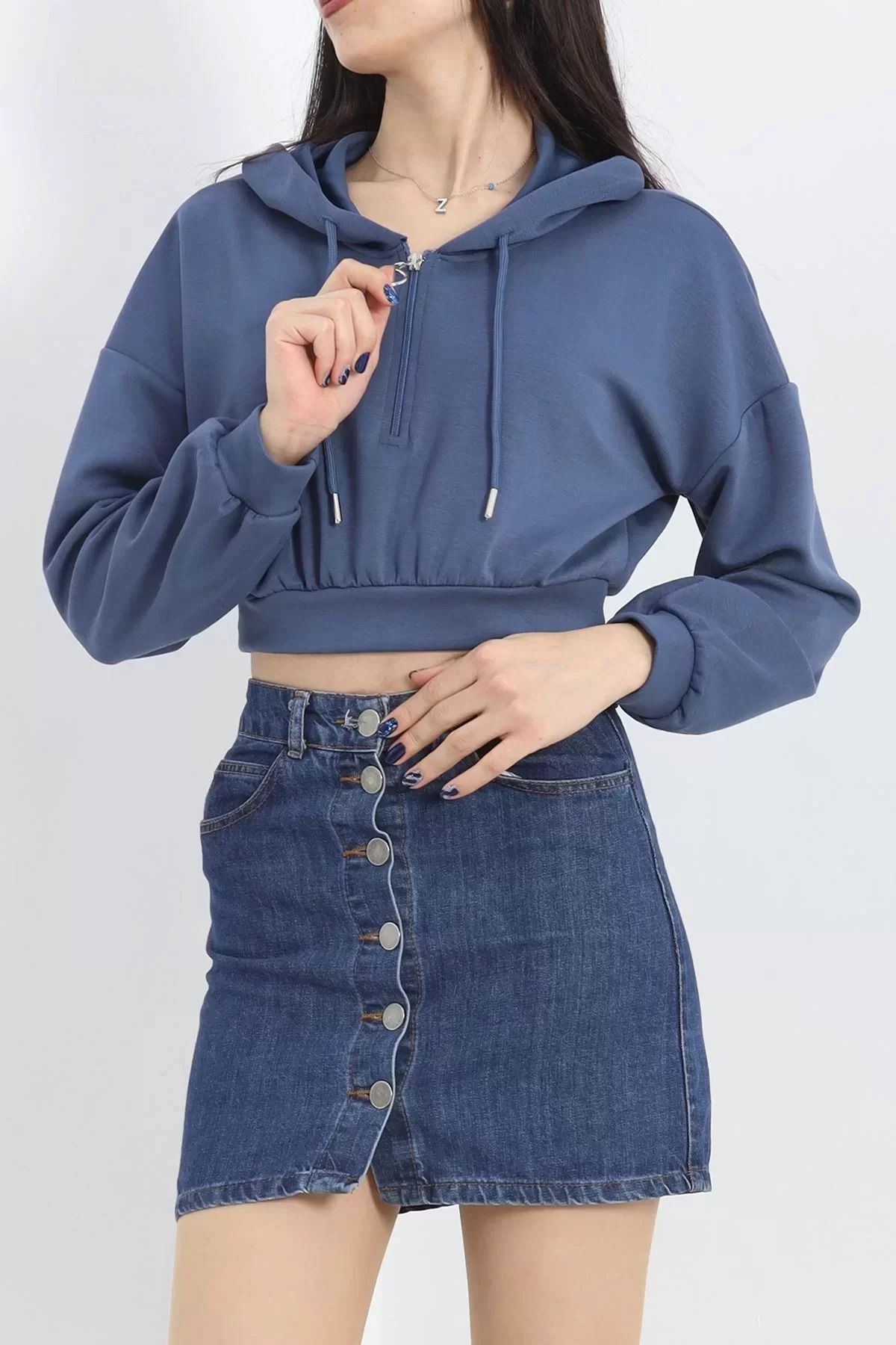 Modal Kapşonlu Crop Sweat Indigo - 12885.148.