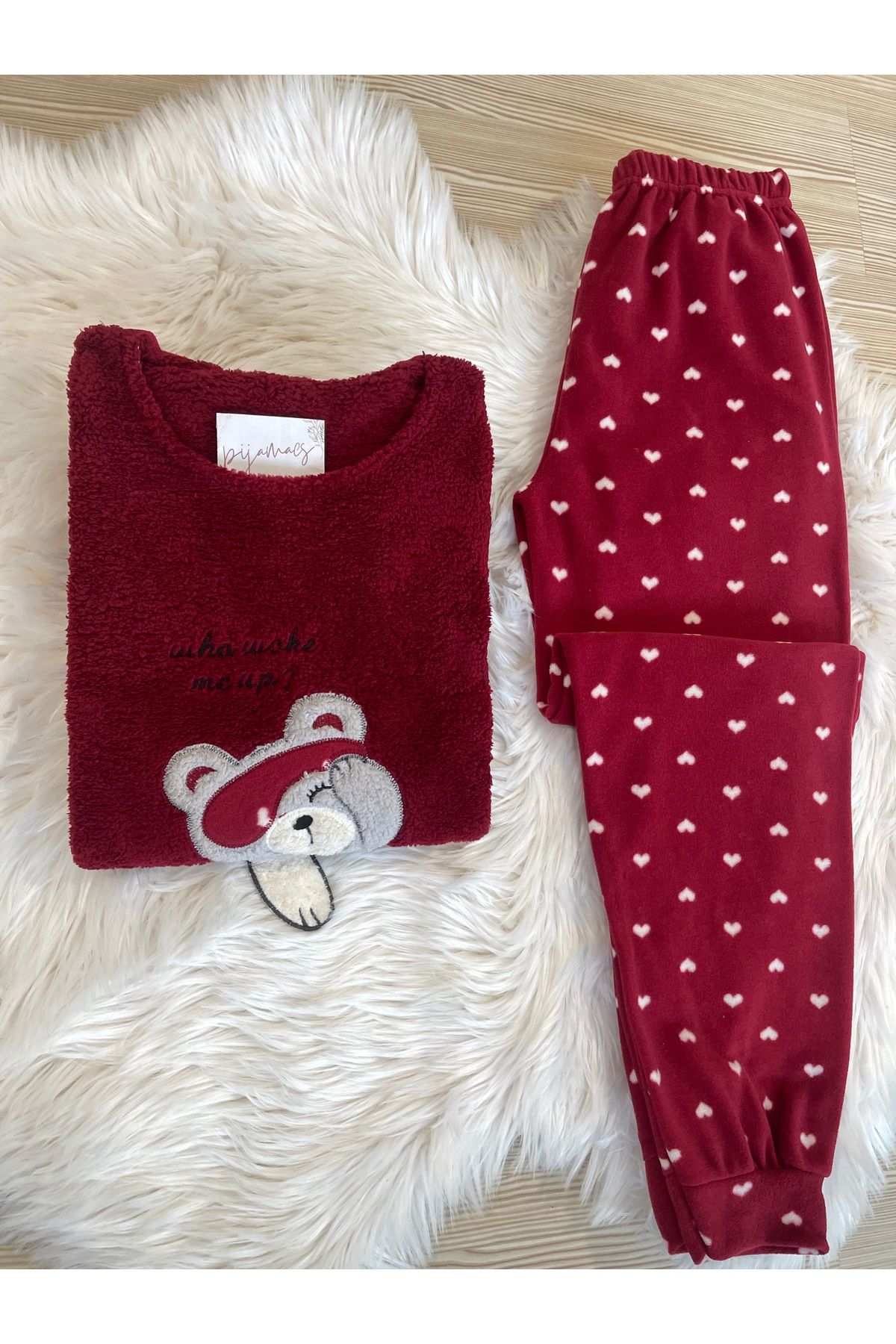 Bordo Kalp Desenli Ön Peluş Detaylı Polar Pijama Takımı