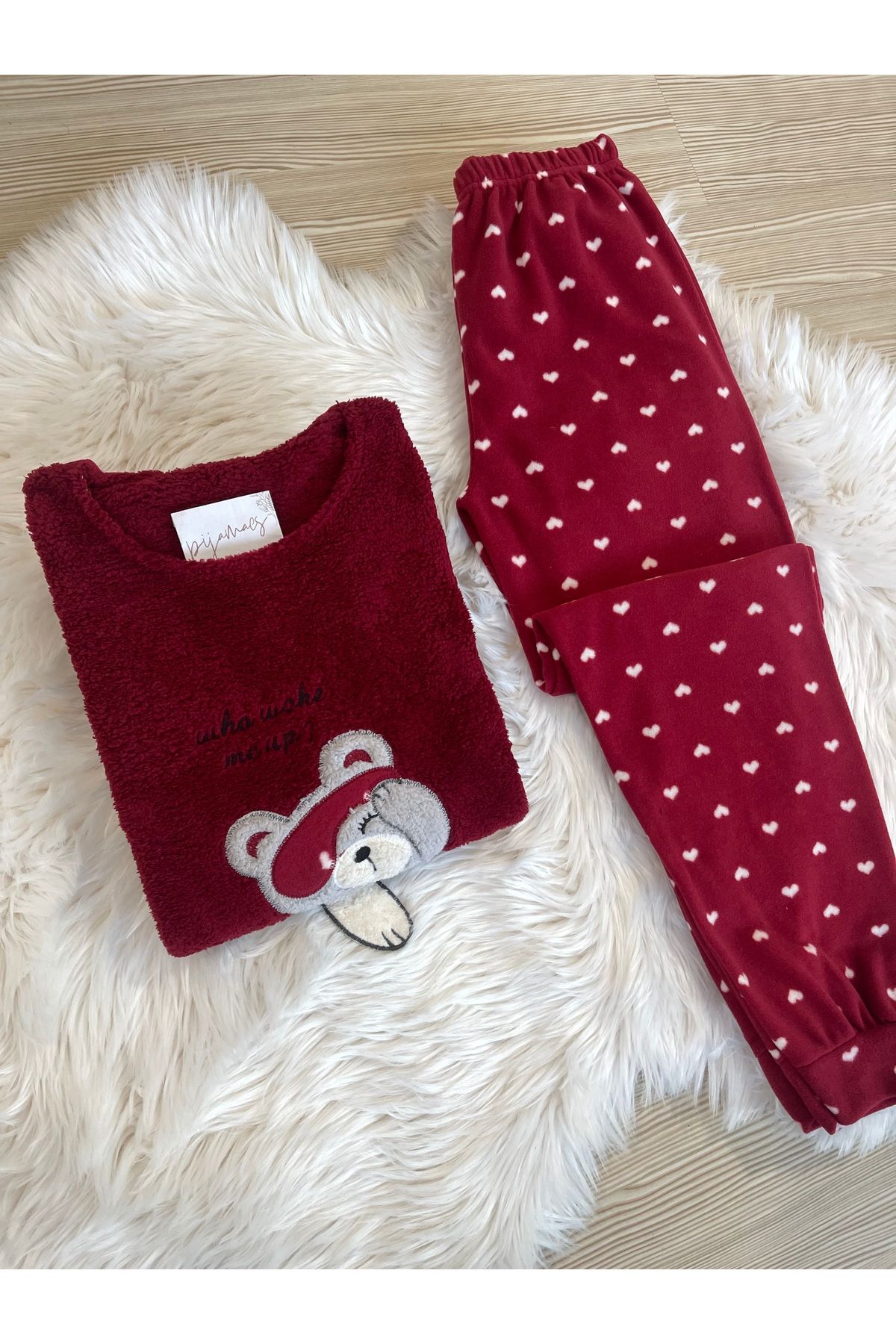 Bordo Kalp Desenli Ön Peluş Detaylı Polar Pijama Takımı