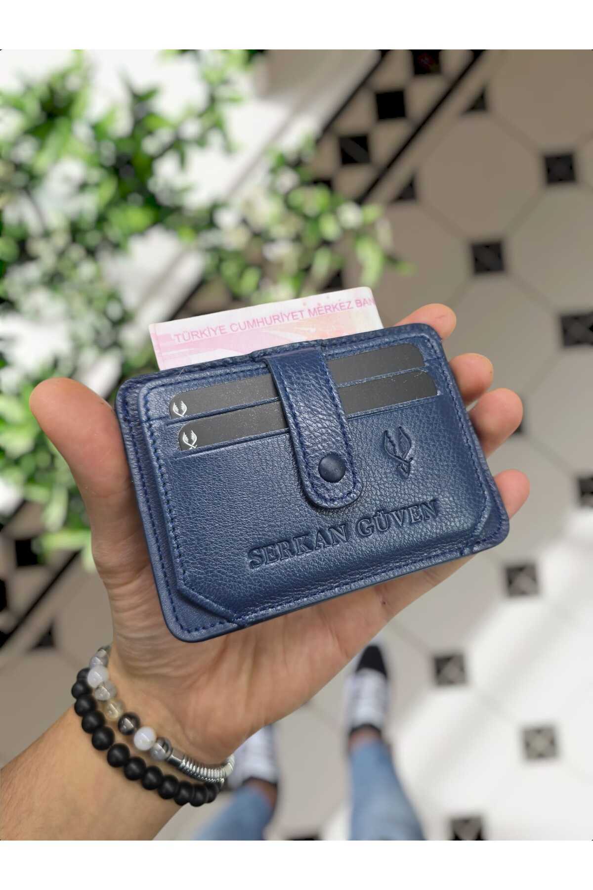 653 نگهدارنده کارت اعتباری محفظه چرمی واقعی کیف پول کیف پول Navy Blue Gutty + Keyring