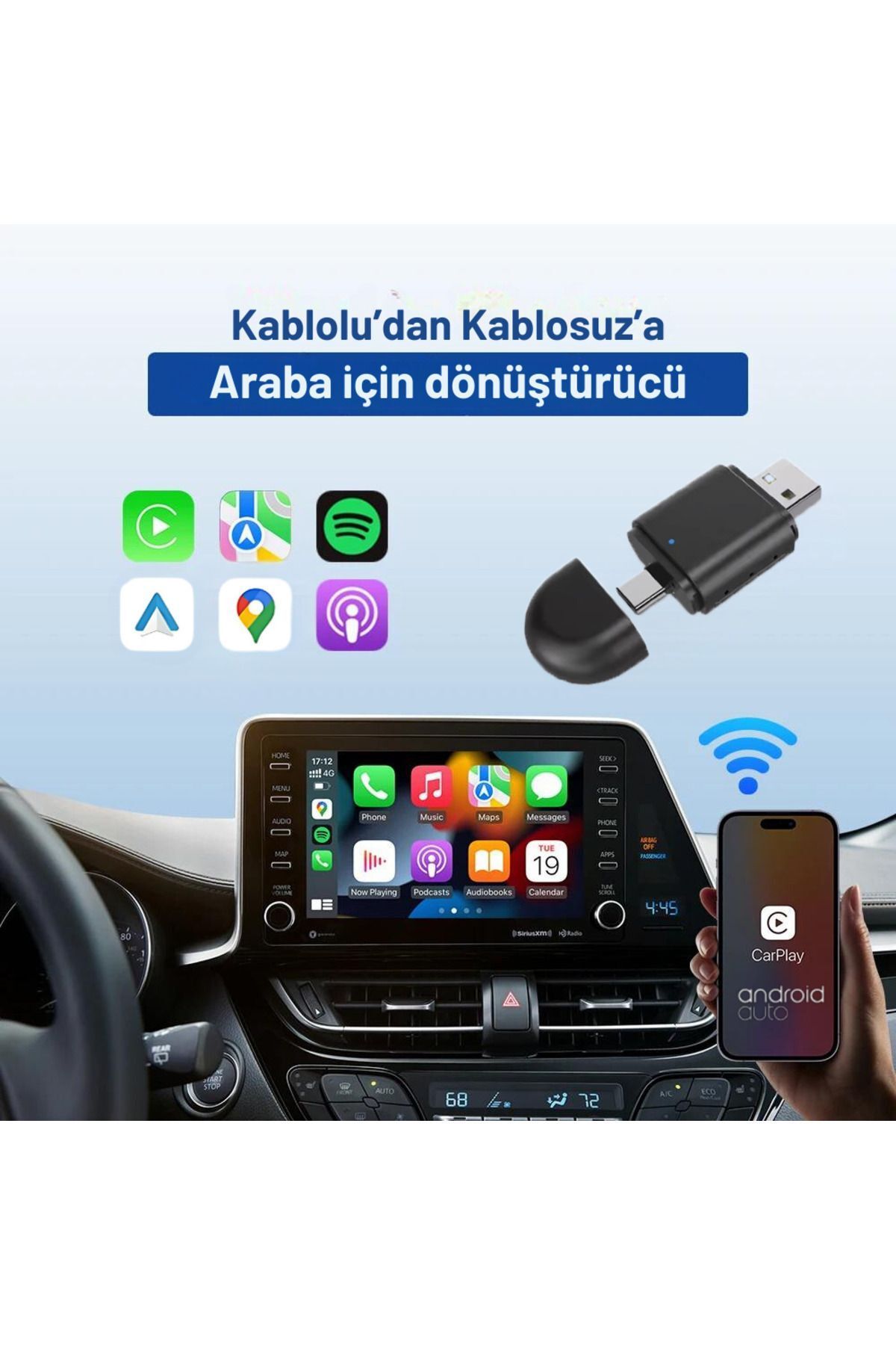 Araç Içi 2in1 Android ve Apple Cihazlar Için Kablosuz Android Auto ve Carplay Adaptörü