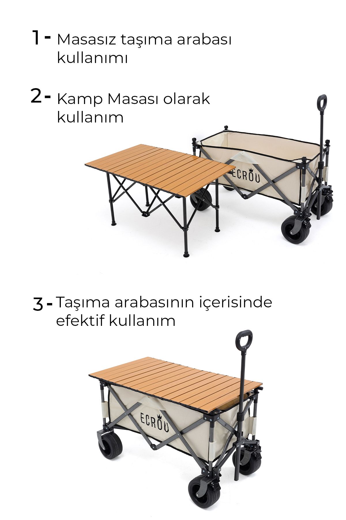 Katlanabilir, Taşınabilir Vagon Metal Masalı Kamp Ve Piknik Taşıma Pazar Arabası Bej