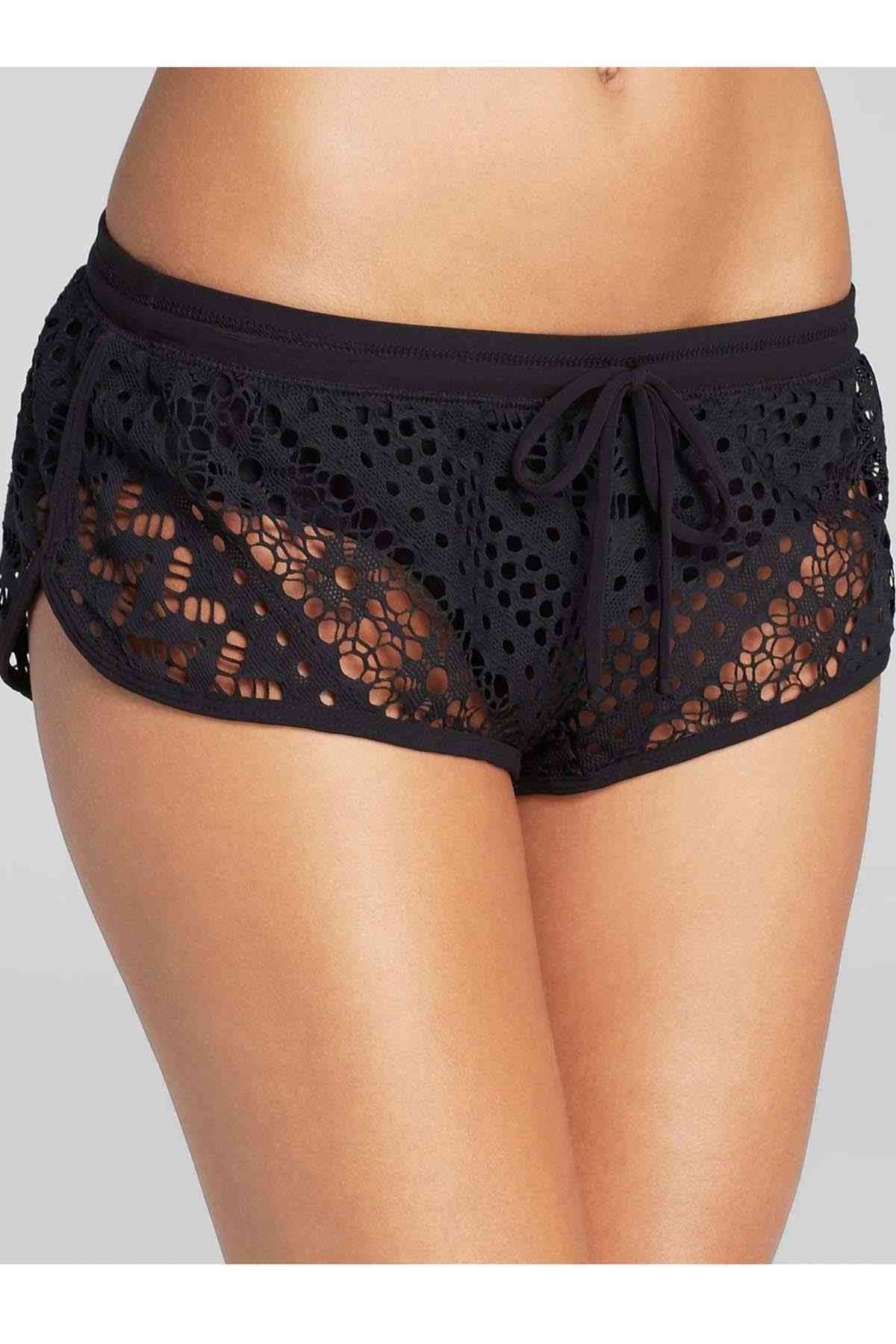 Troy Boutique Siyah Renk Dantel Bikinili Kadın Deniz Şortu