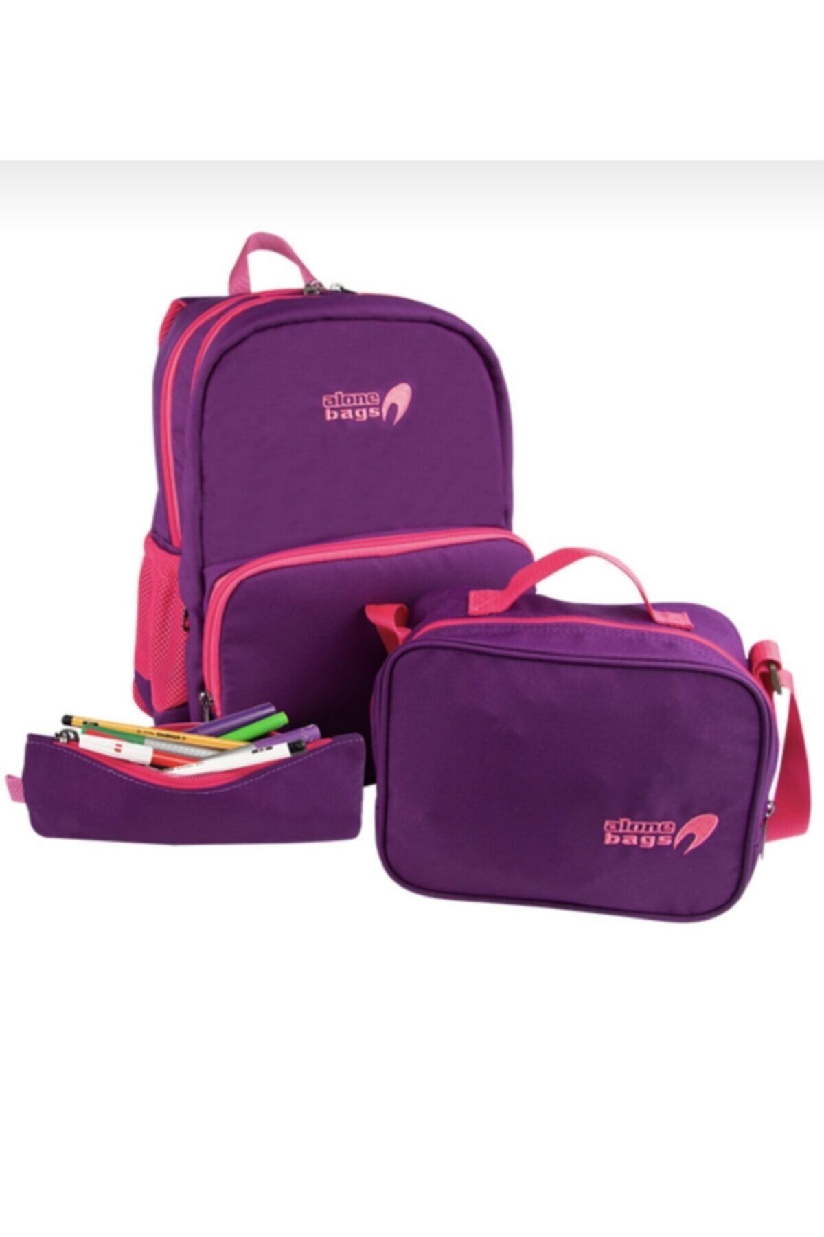 Alone bag Alone Kız Çocuk Mor Okul Çok Fermuar Gözlü Sırt Çantası Takımızı Beslenme Çantası Ve Kalemlik Takım