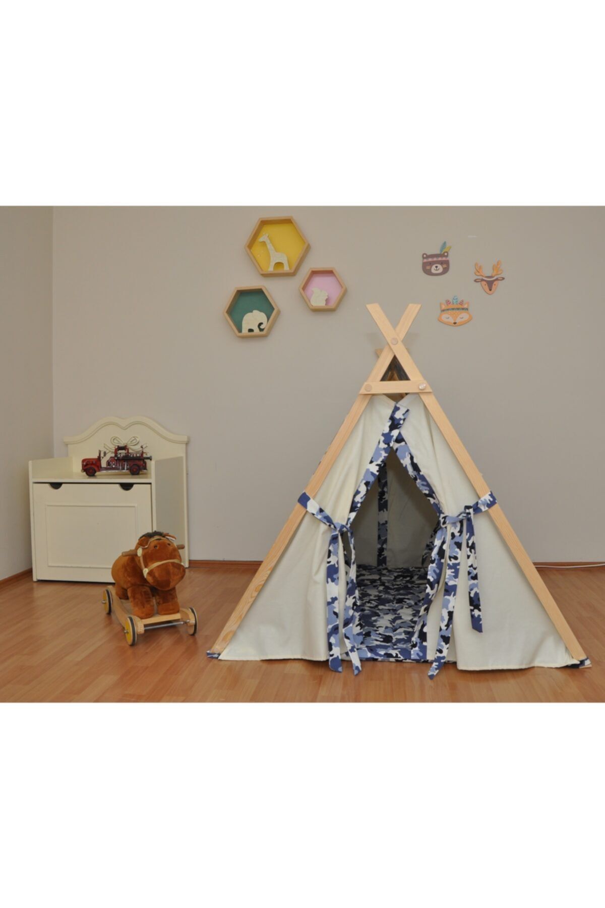 esaskids Ahşap Oyun Çadırı Kamuflaj Desen
