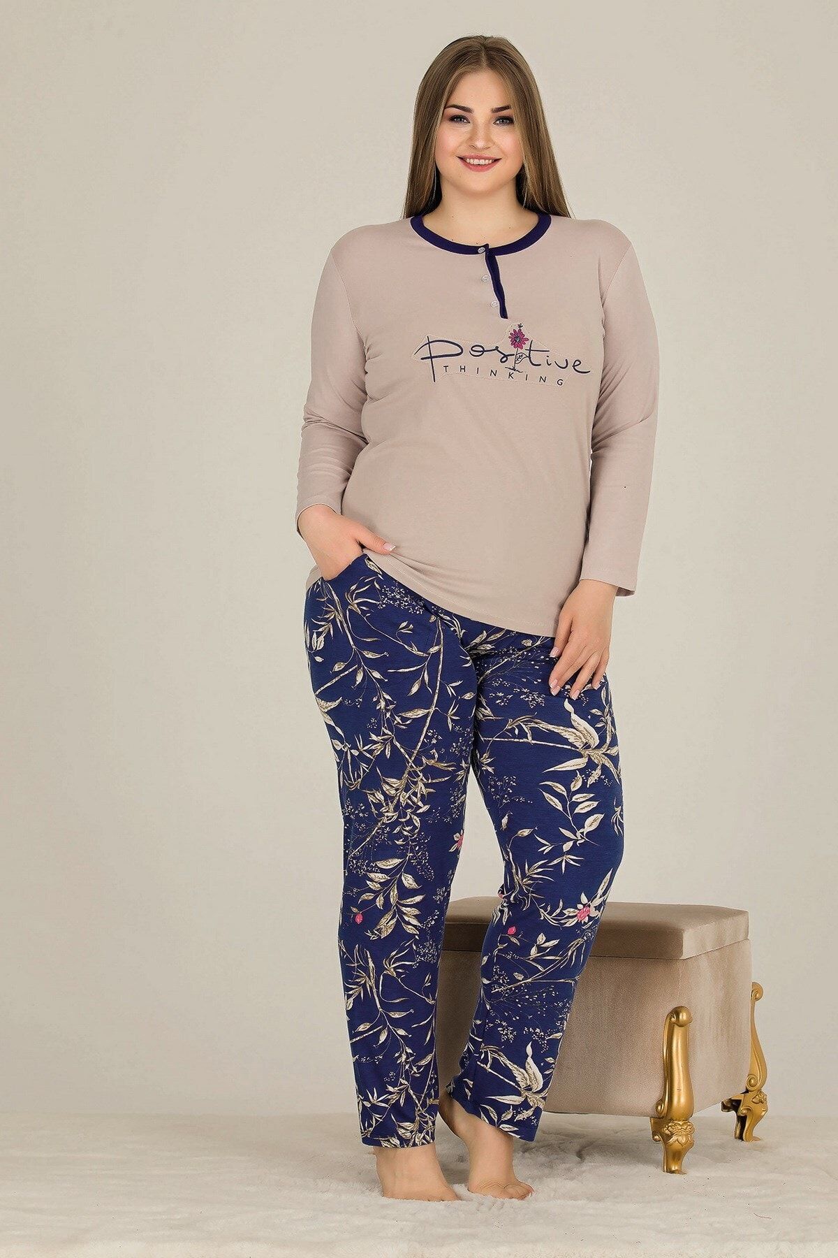 quilling Kadın Bej - Lacivert Renk Uzun Kollu Büyük Beden Pijama Takımı - Lady 11308