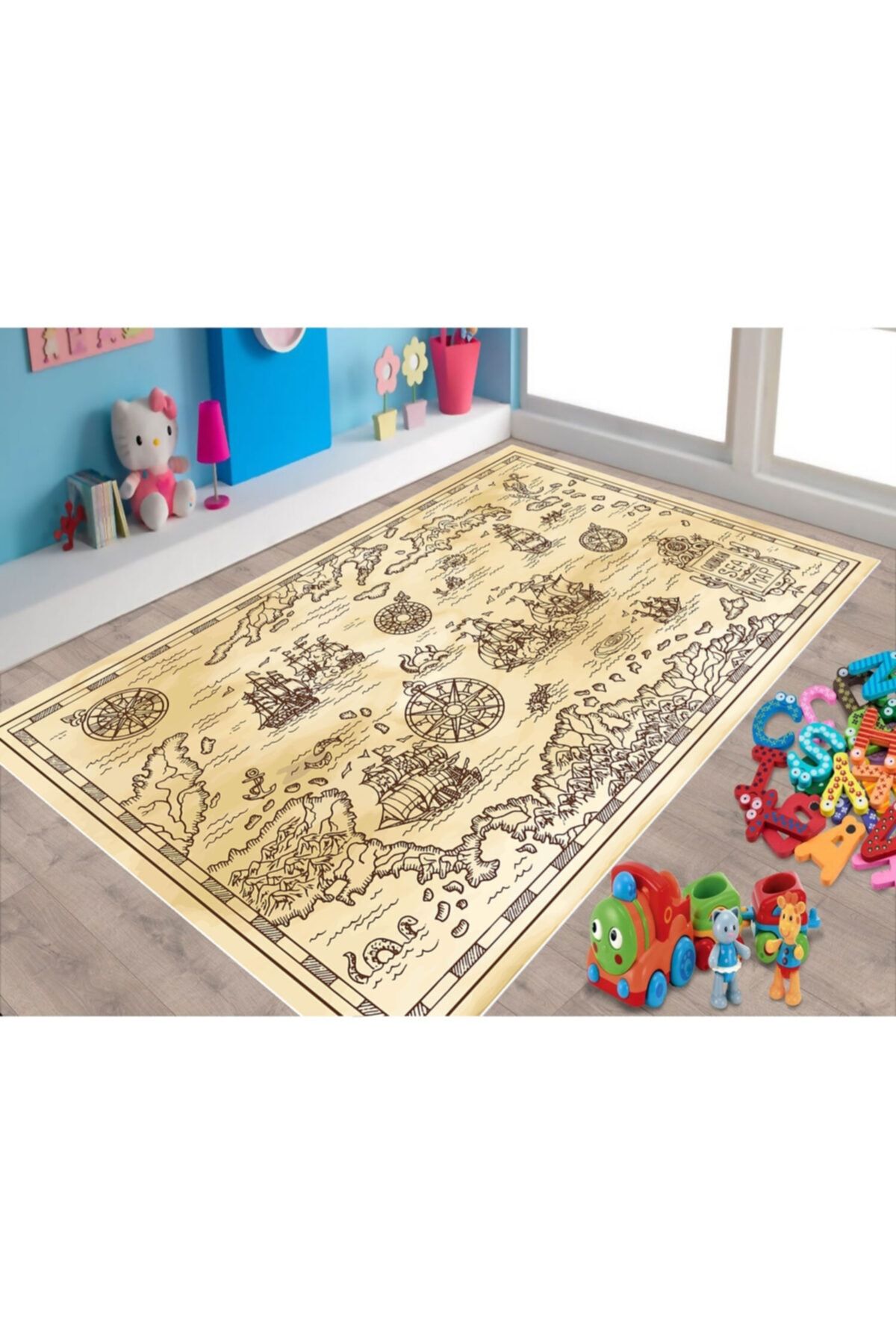 KuzgunHome Çocuk Odası Halısı Harita Desenli Deri Taban Halı