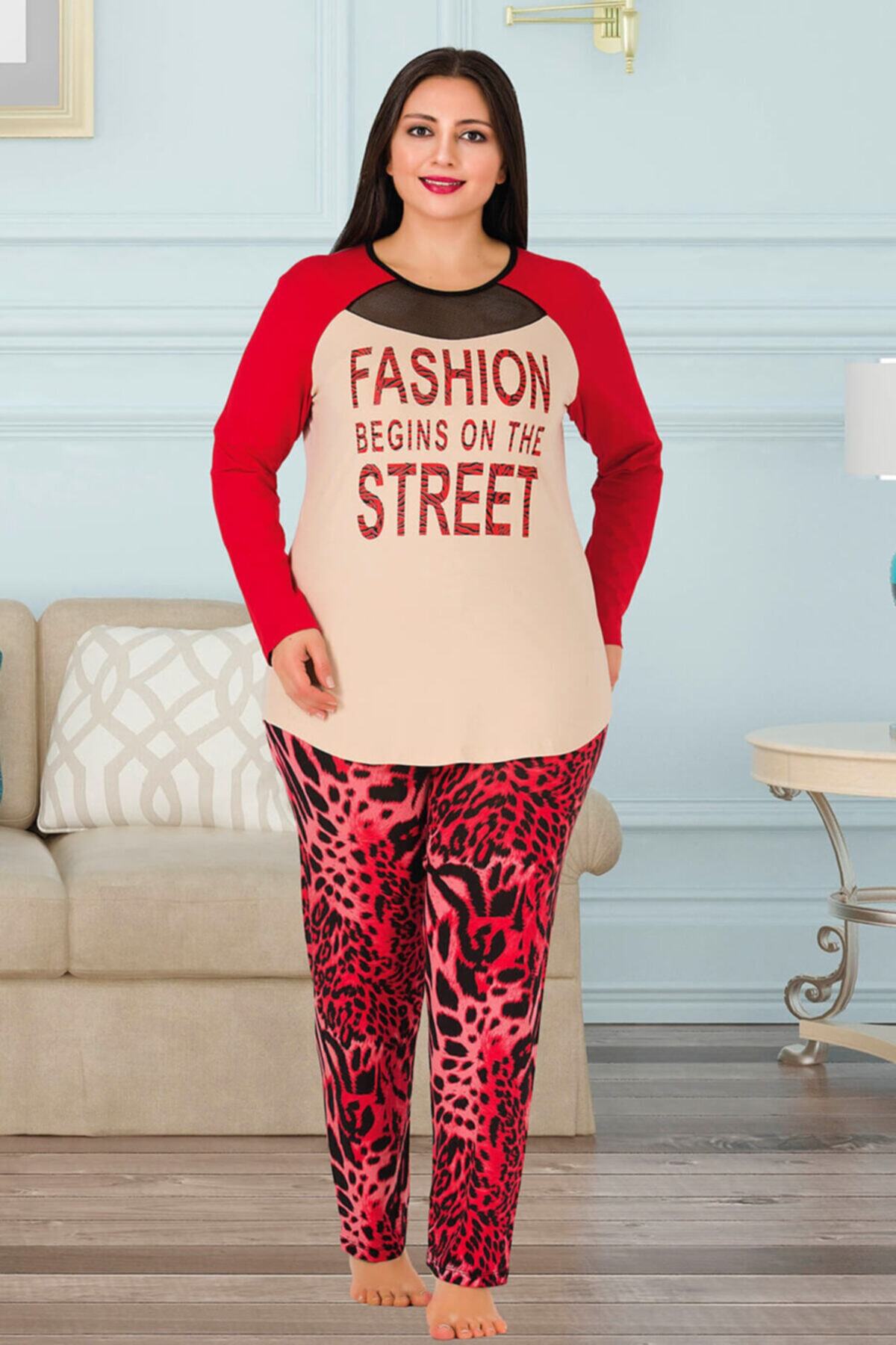 Lady Büyük Beden Pijama Takımı Kırmızı Leoparlı