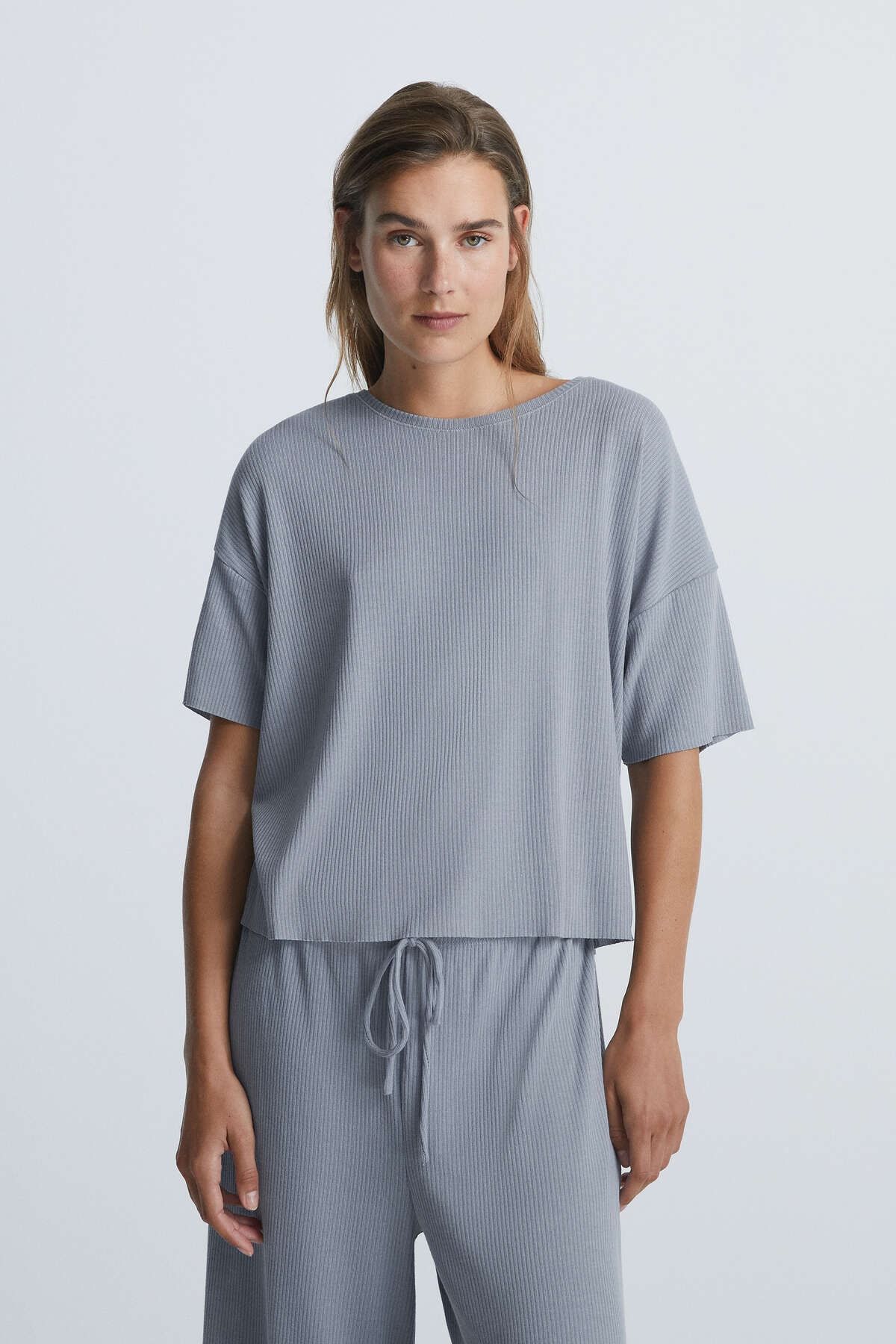 Oysho Mavi Comfort Rib Kısa Kollu Tişört 30444624