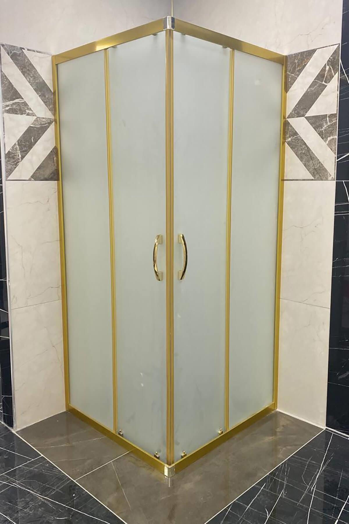 AVRUPA DUŞ 110x145x180 Cm Gold Profil Desenli Kumlama Camlı 5mm Yükseklik 180 Cm Duşakabin