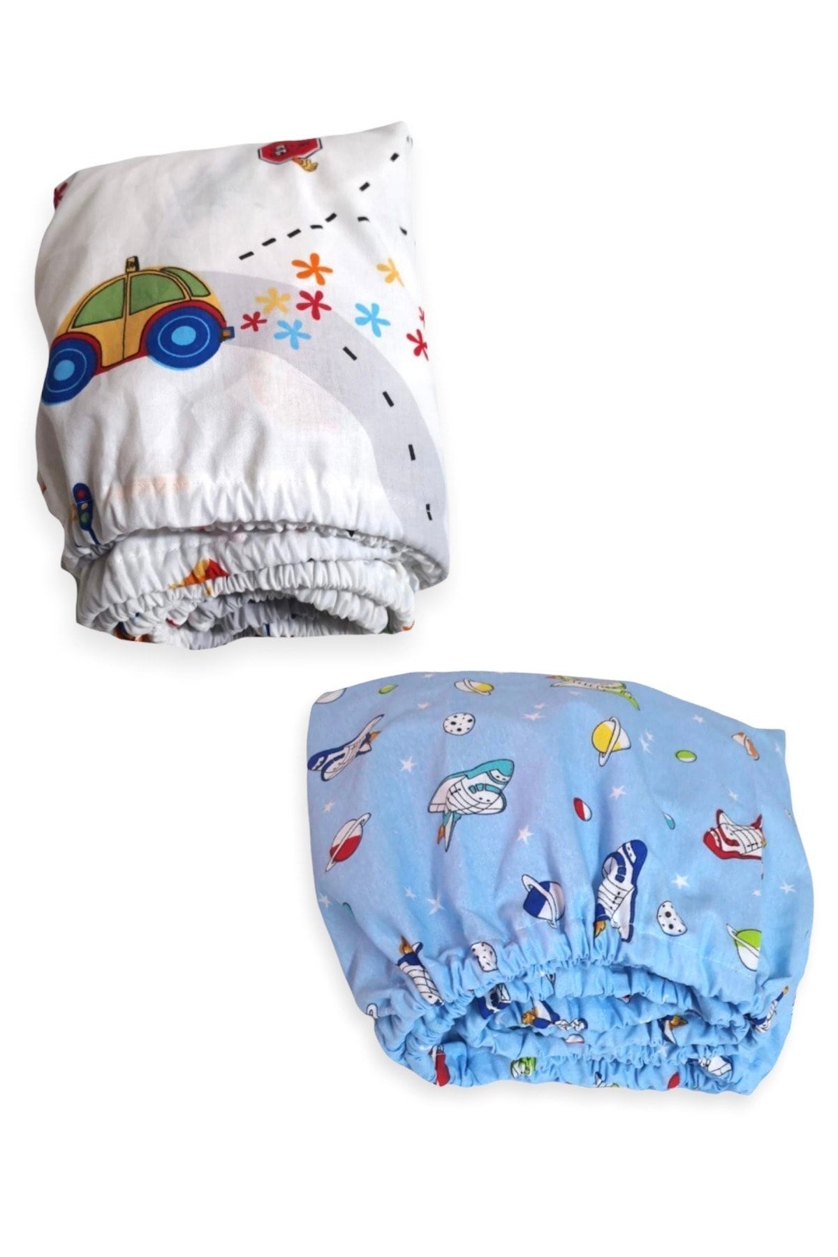 Bebek Özel Pamuklu Çocuk Lastikli Çarşaf 80x120 (2 Adet) Araba Trafik Ve Mavi Galaksi