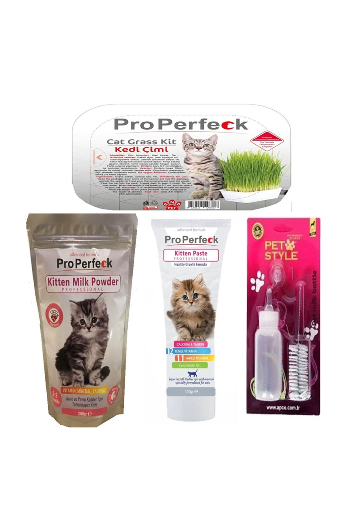 pro perfeck Kıtten Paste 100 Gr + Kitten Milk Süt Tozu 200 Gr + Biberon Seti + Kedi Çimi