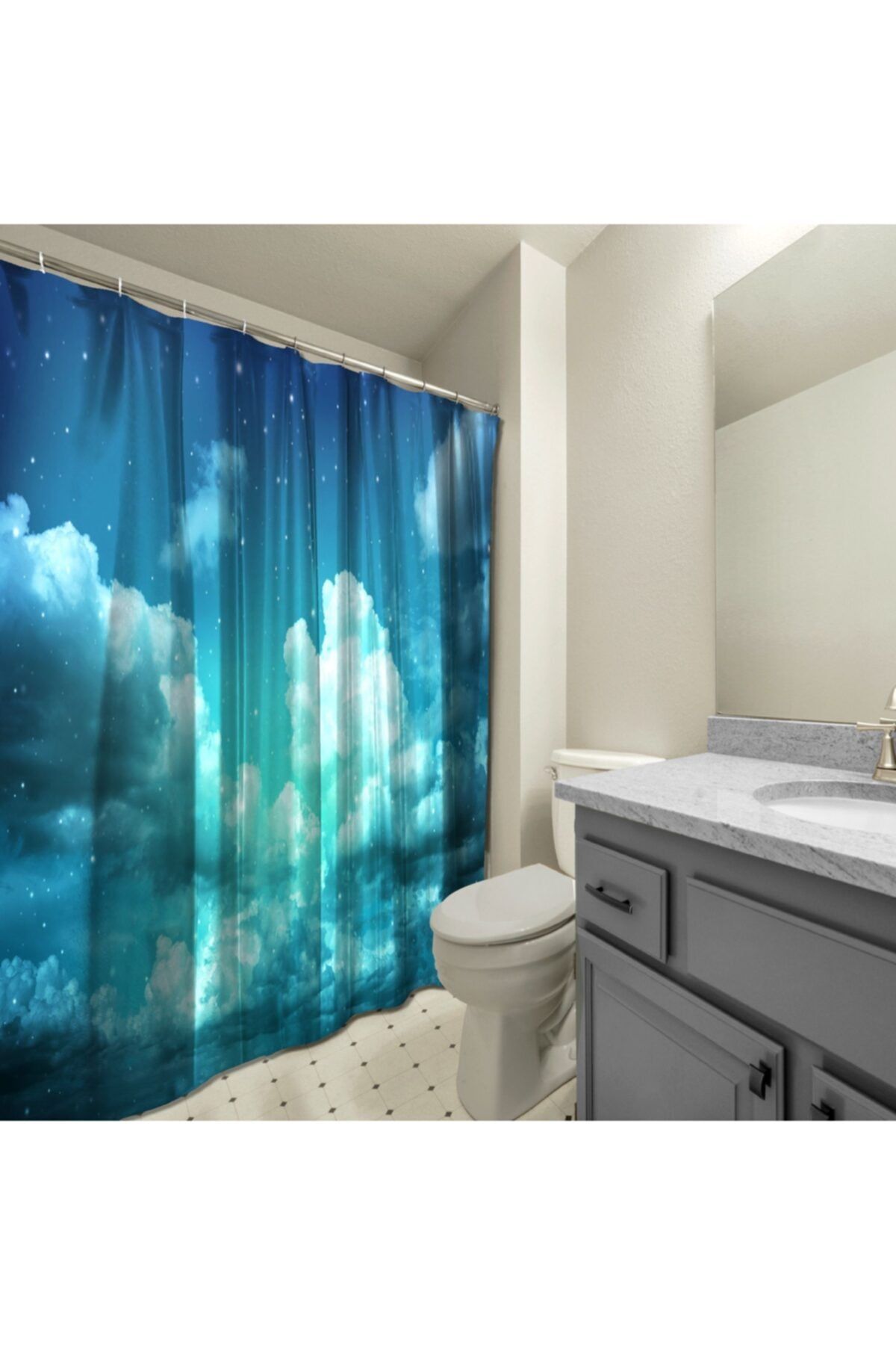 AssosHome Banyo Duş Perdesi Tasarım Dekor Yeşil Gece Gökyüzü Yıldızlar Bulut Dijital Baskılı En 175 Cm