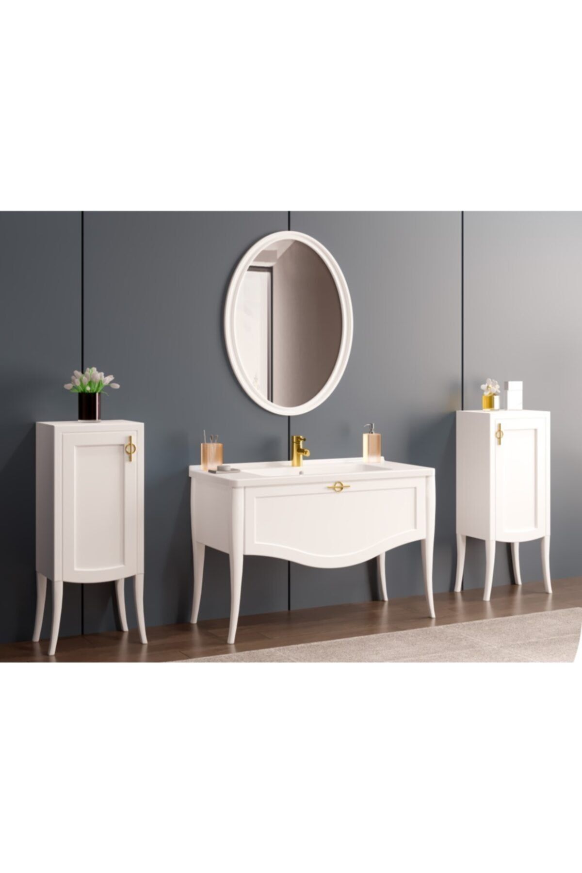 Linra Mobilya Lnr-032 Riva 100 cm Lavabolu Takım Beyaz Banyo Dolabı Ve Boy Dolap