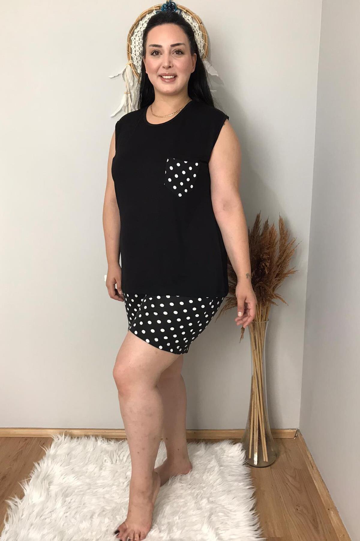 tarzimsuper Kadın Puantiyeli Kolsuz Siyah Şortlu Pijama Takımı