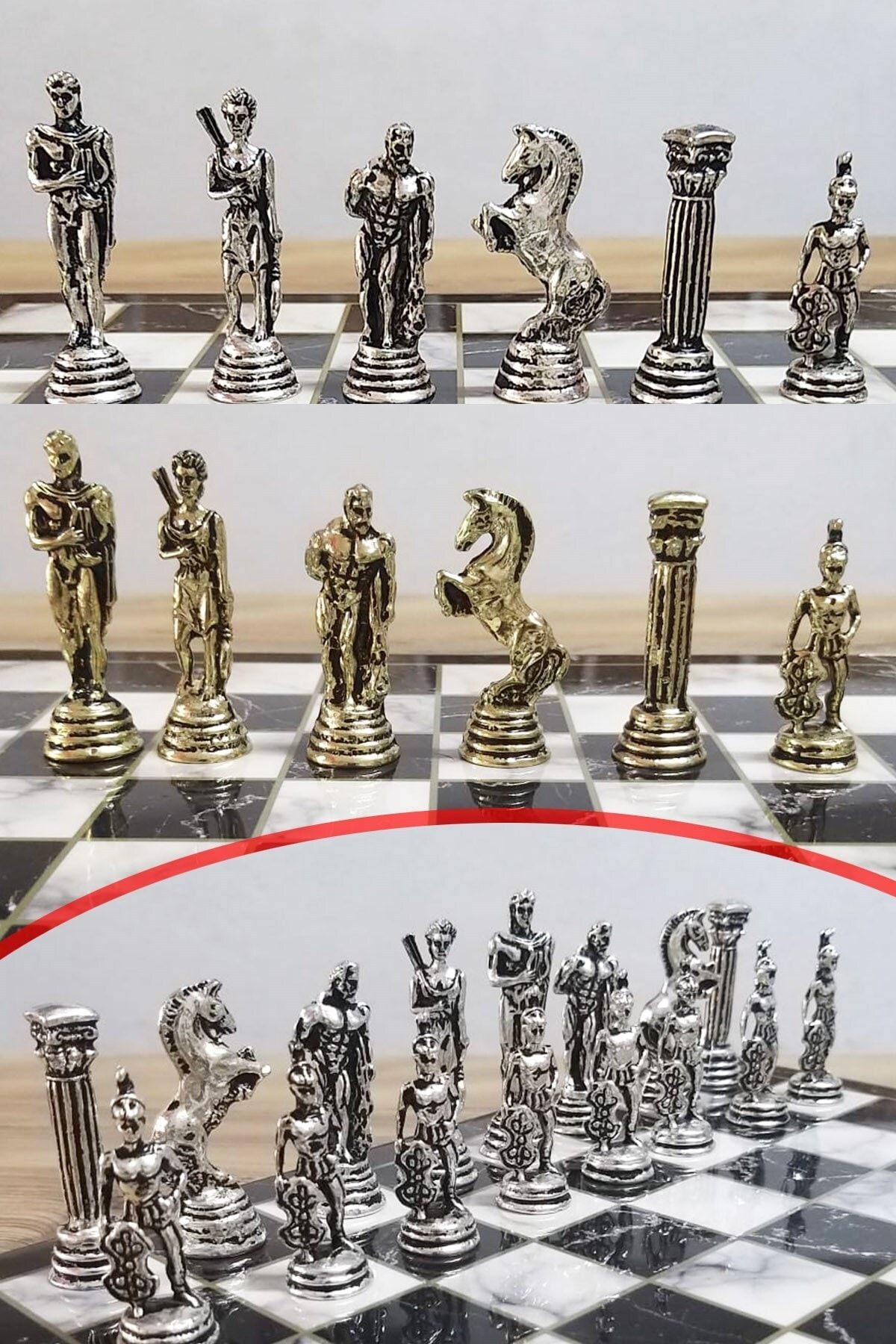 Oyuncak Filesi Metal Satranç Seti Antik Yunan Mitolojik Kalkanlı Asker Figürlü 27x27 Cm Kaplama Mermer Sehpalı