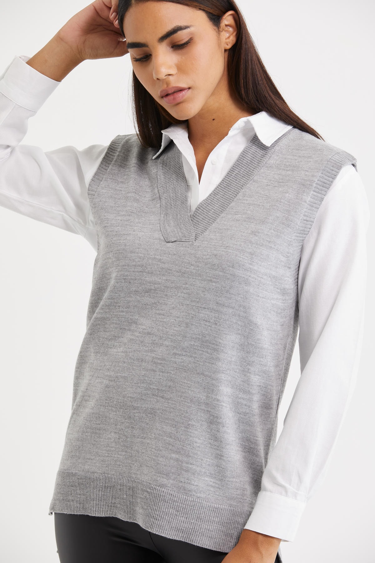 THE DOORE Kadın Gri V Yaka Mevsimlik Triko Süveter