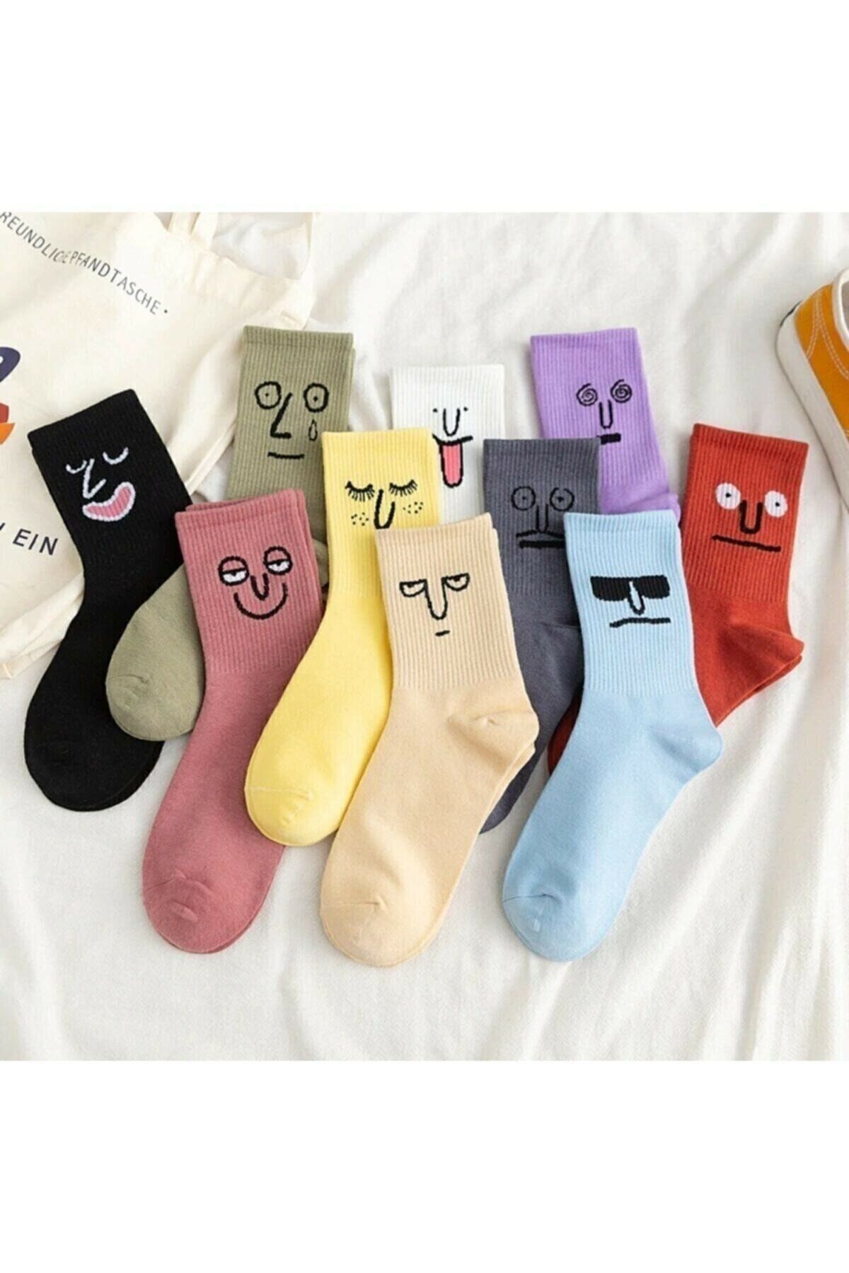 Özder SOCKS Unisex Renkli Yüz Desenli Tenis Çorap 6'lı
