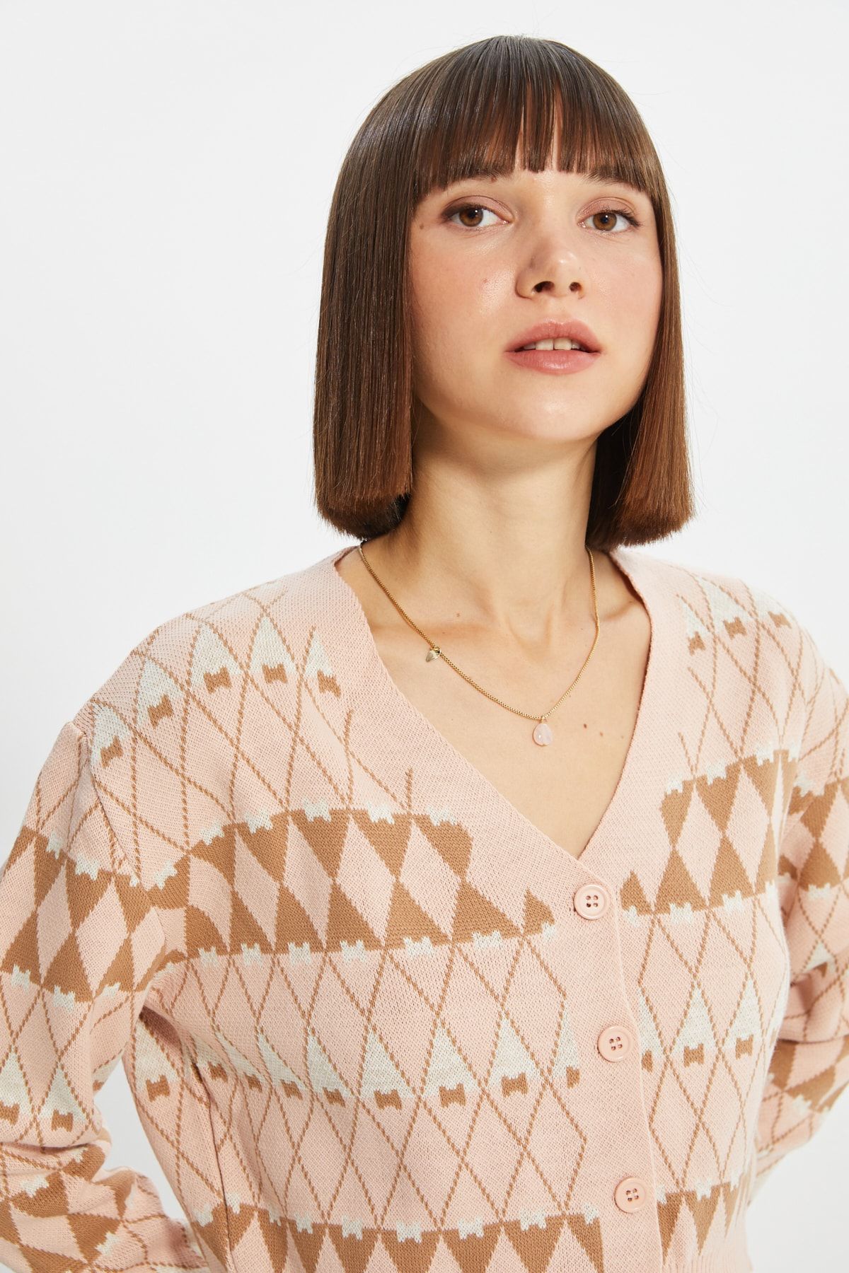 TRENDYOLMİLLA Pudra Crop Jakarlı Triko Hırka TWOAW22HI0650