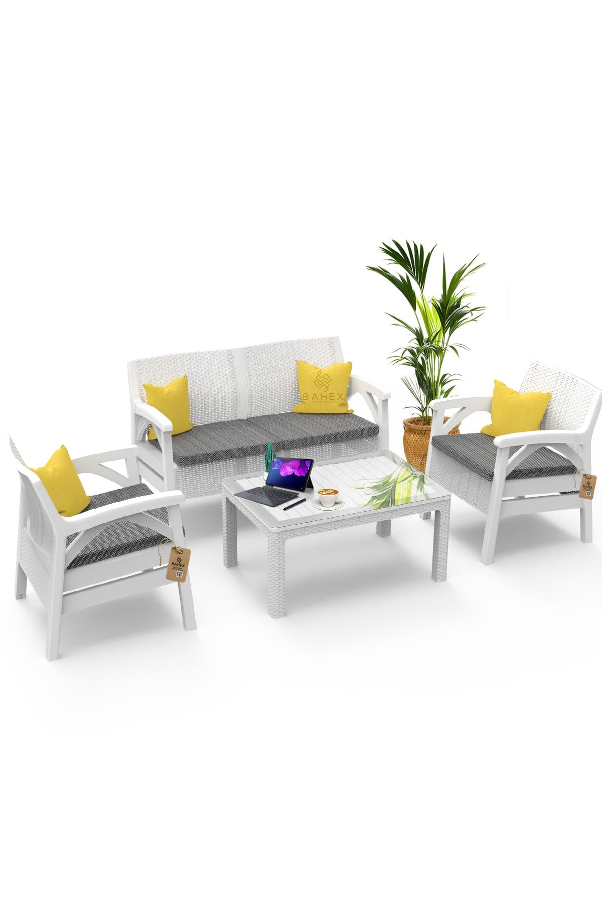 bahex Violet Rattan 4 Kişilik Oturma Grubu Minderli & Camlı Sehpalı Takım