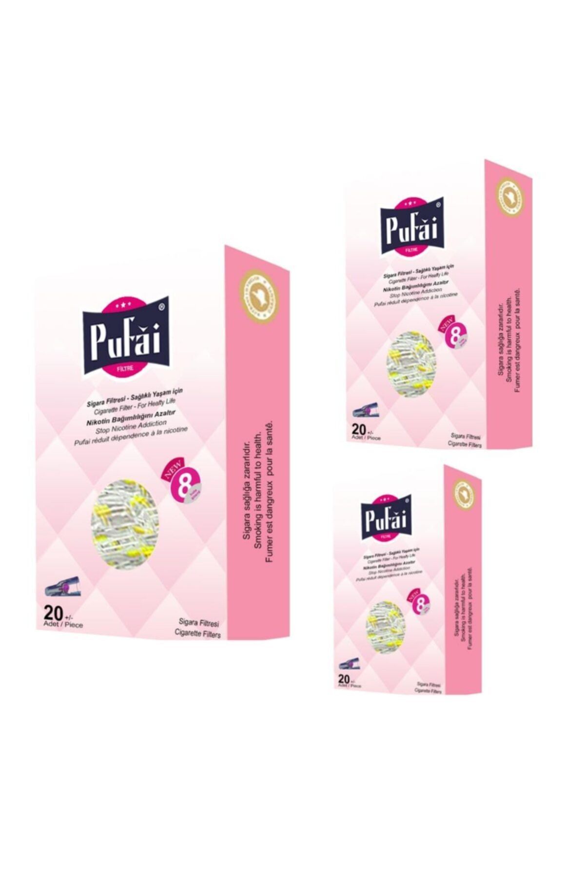Pufai Sigara Ağızlığı Tar Süzen Filtre 8mm Normal Boy 60 Adet 3 Kutu Pembe