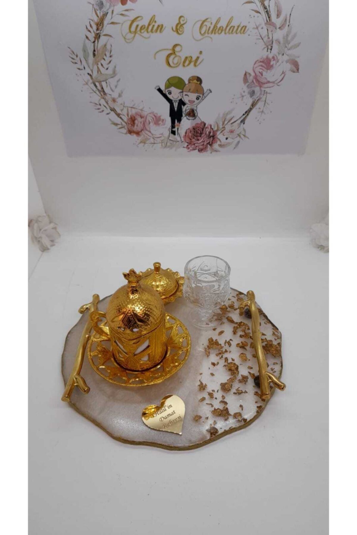Gelin & Çikolata Evi Epoksi Damat Fincanı Tepsisi Gold Isimli Kahve Fincanı Seti