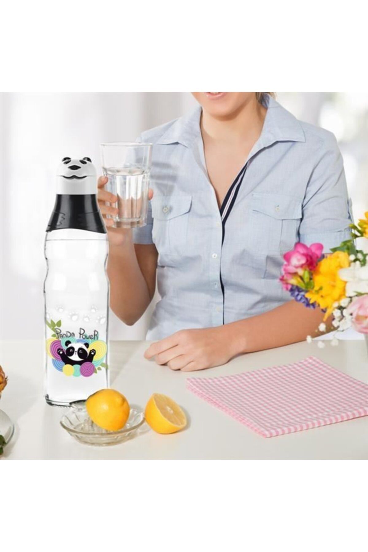 FOKUL Sevimli Panda Tasarımlı Cam Suluk Sızdırmaz 1000 Ml