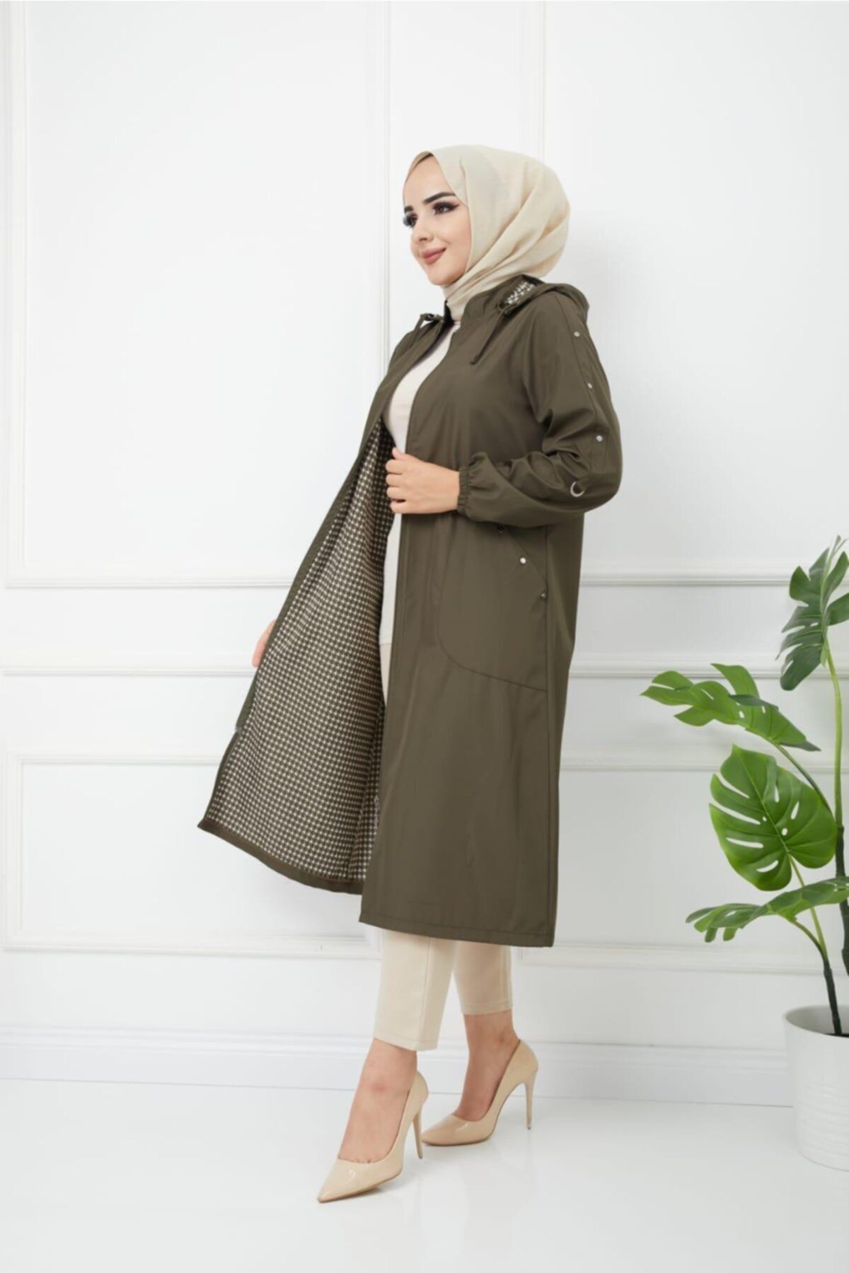 lurex moda Büyük Beden Kolları Lastikli Kapüşonlu Trençkot