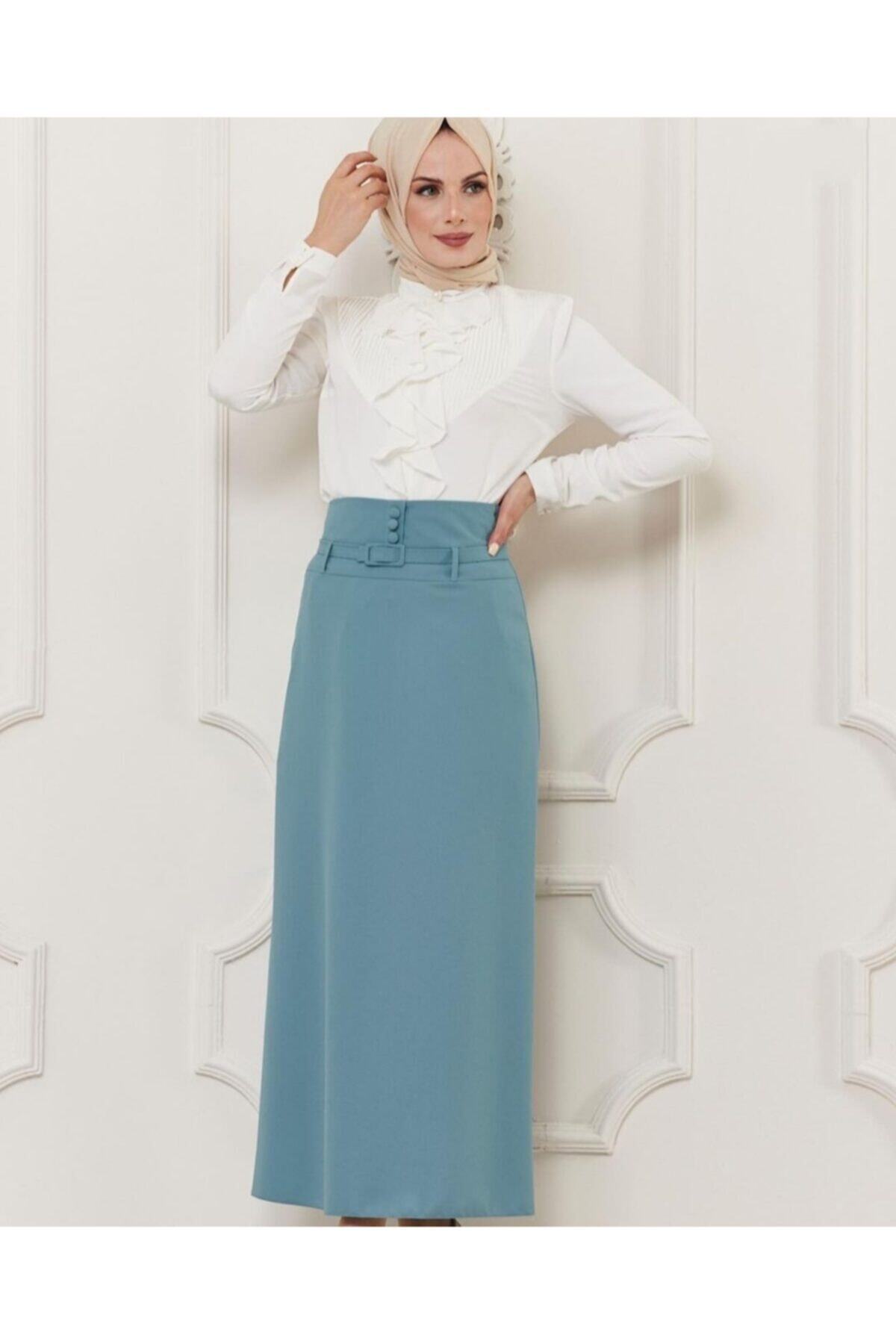 ÖnEr Giyim Yüksek Bel Kemerli Kalem Kesim Kumaş Etek
