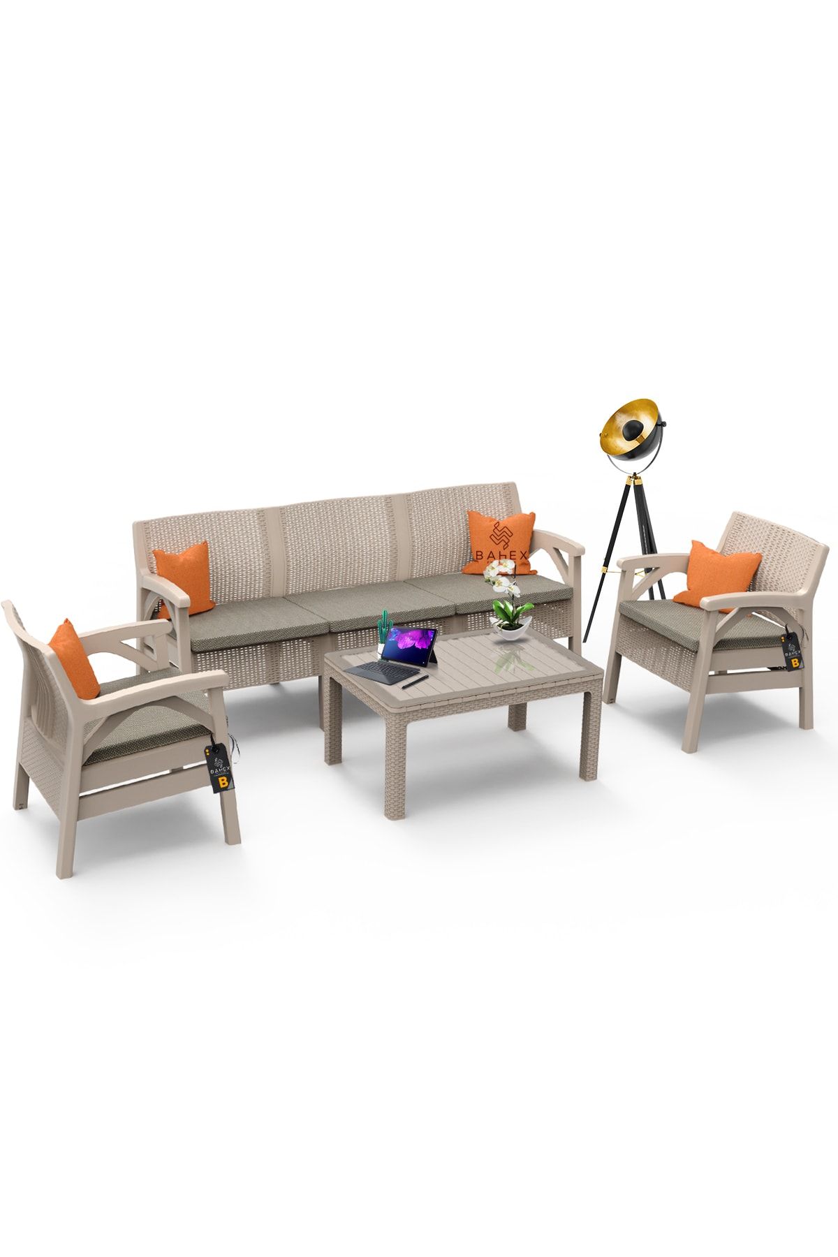 bahex Violet Rattan 5 Kişilik Oturma Grubu Minderli & Camlı Sehpalı Takım