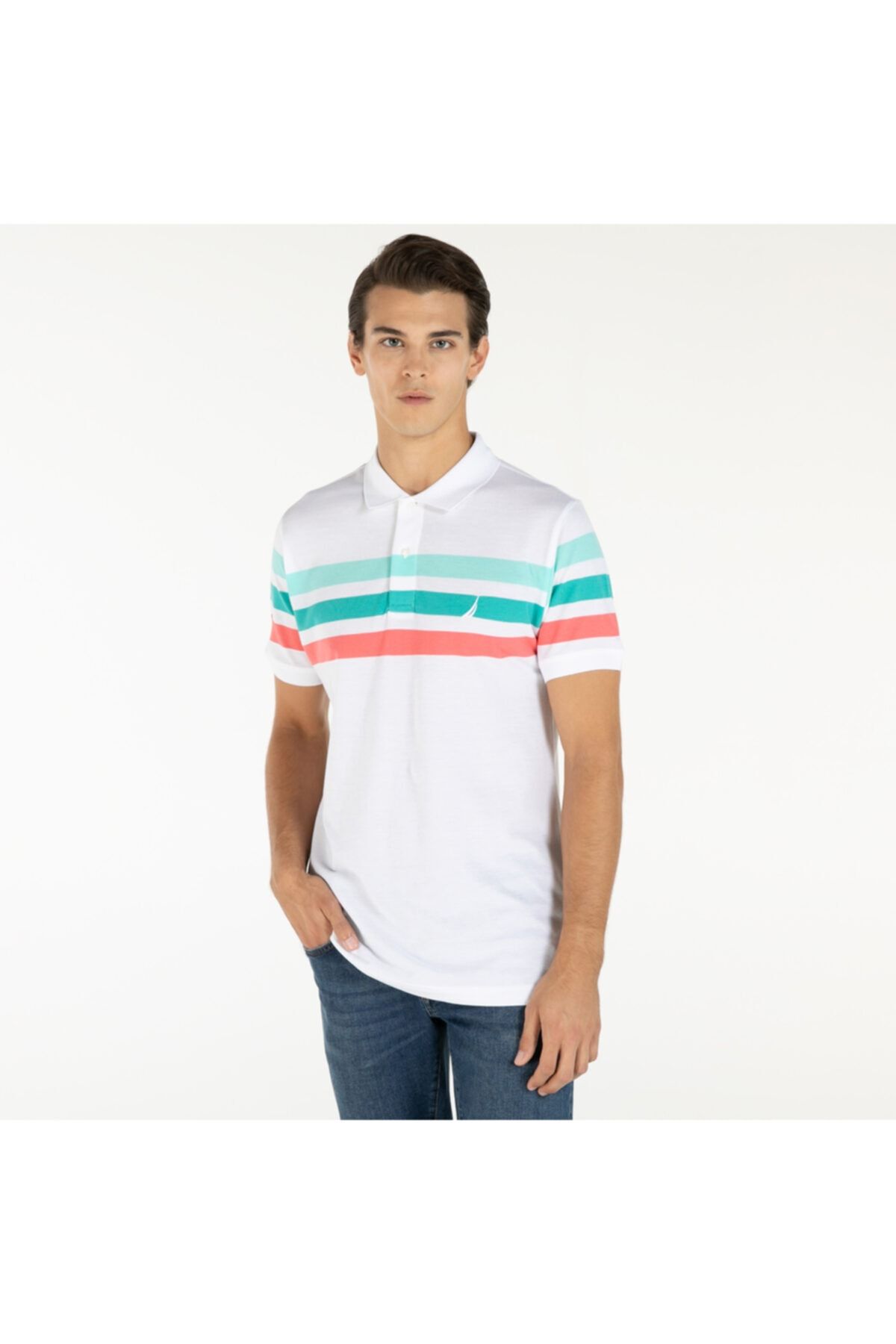 Nautica Nautıca Erkek Beyaz Çizgili Classıc Fıt Kısa Kollu Polo