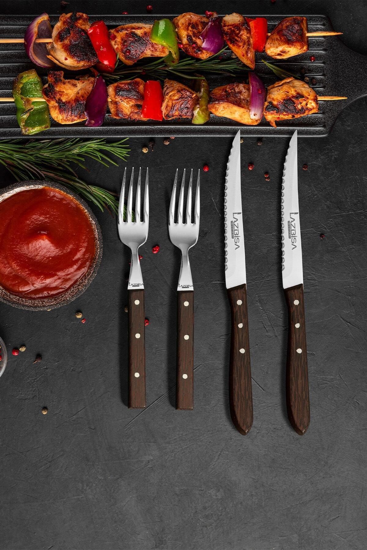 LAZBİSA Mutfak Bıçak Seti Steak Et Çatalı Et Bıçağı Restoran  Şık Venge Ağaç Sap Kısmı 4 lü