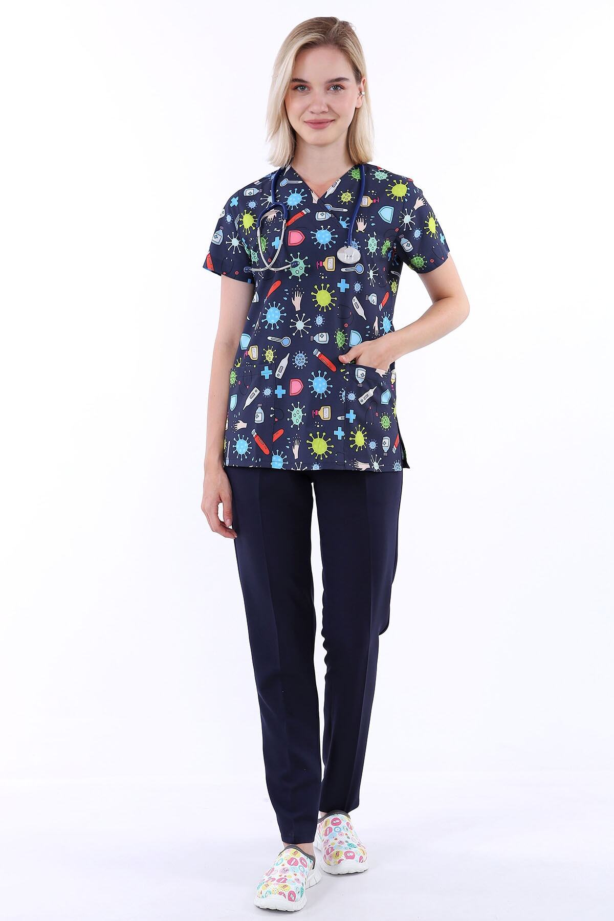 AWEST Likralı Desenli Alt Üst Zarf Yaka Doktor Forması Hemşire Forması Diş Hekimi Veteriner Nöbet Takım