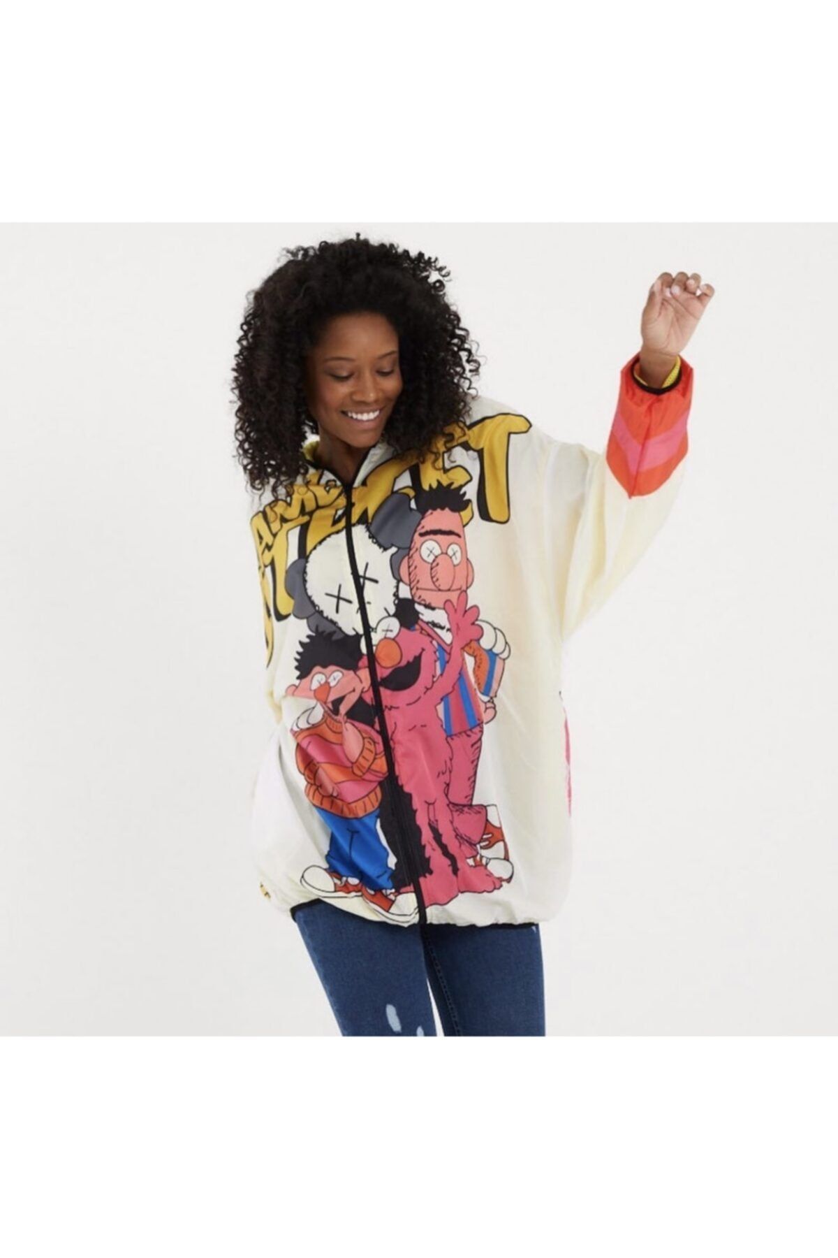 Lolliboomkids Yeni Moda Trençkot Renkli Susam Sokağı Baskılı Yağmurluk Rüzgarlık Trenchcoat Çok Renkli Oversize