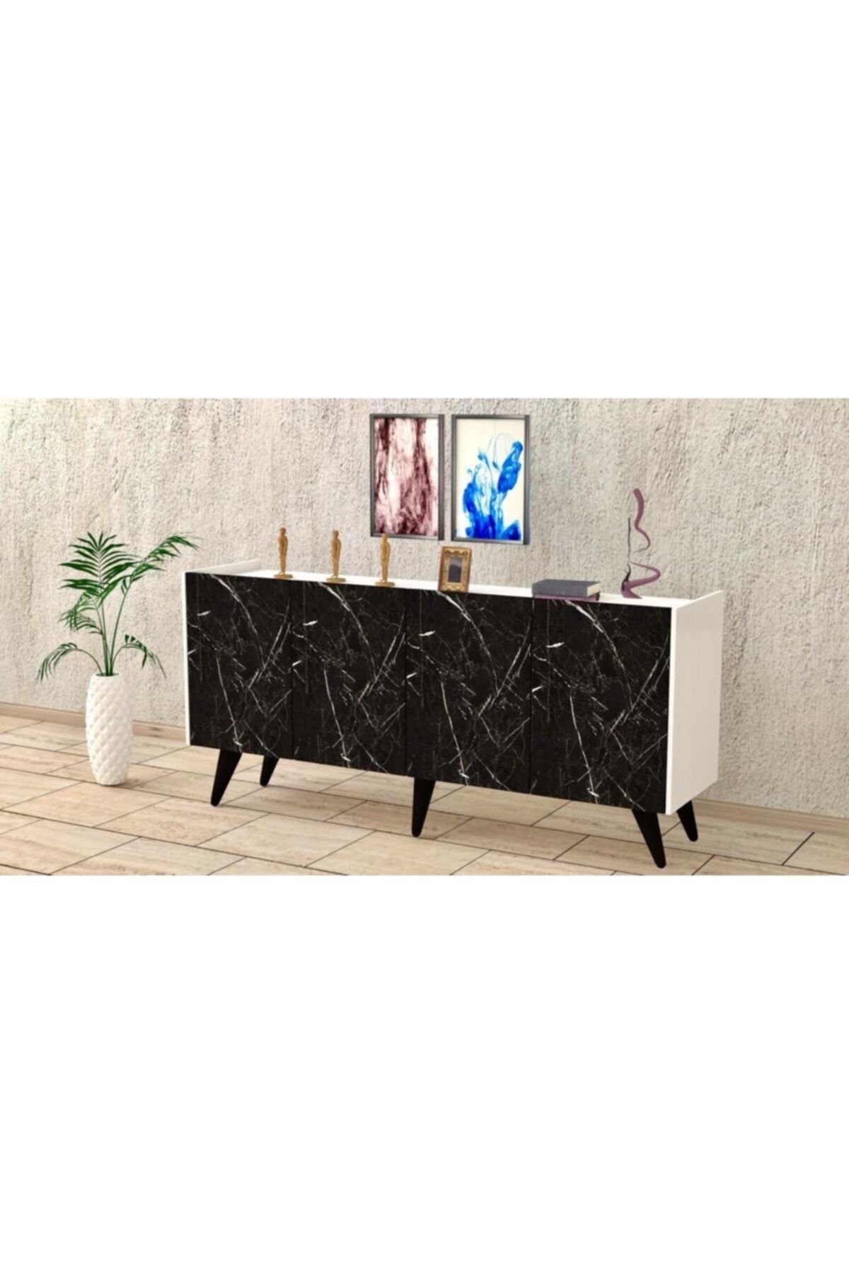 baramolife Çok Amaçlı Konsol, Beyaz Gövde - Mermer Kapak, 140cm