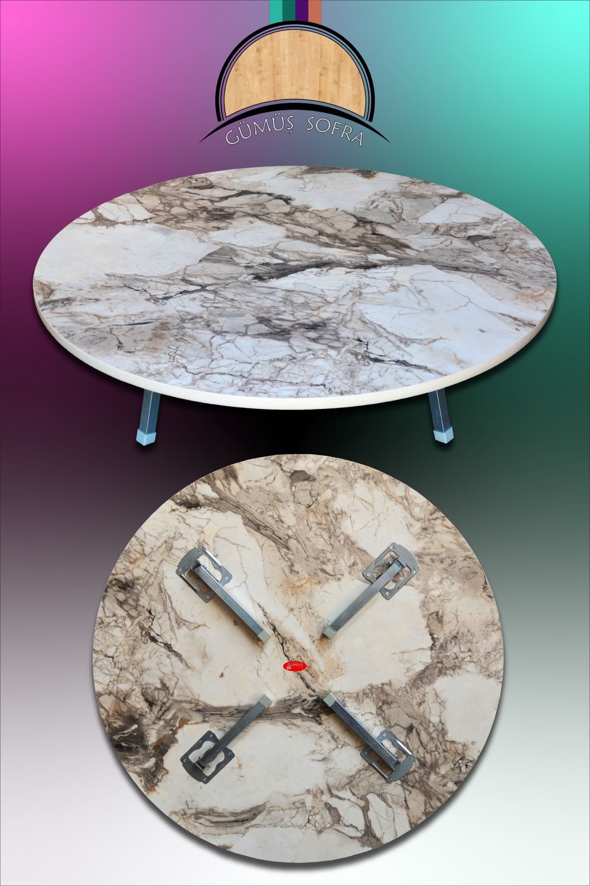 GÜMÜŞSOFRA 90cm Yer Sofrası- Metal Katlanır Ayaklı Yer Sofrası- Ahşap Sini