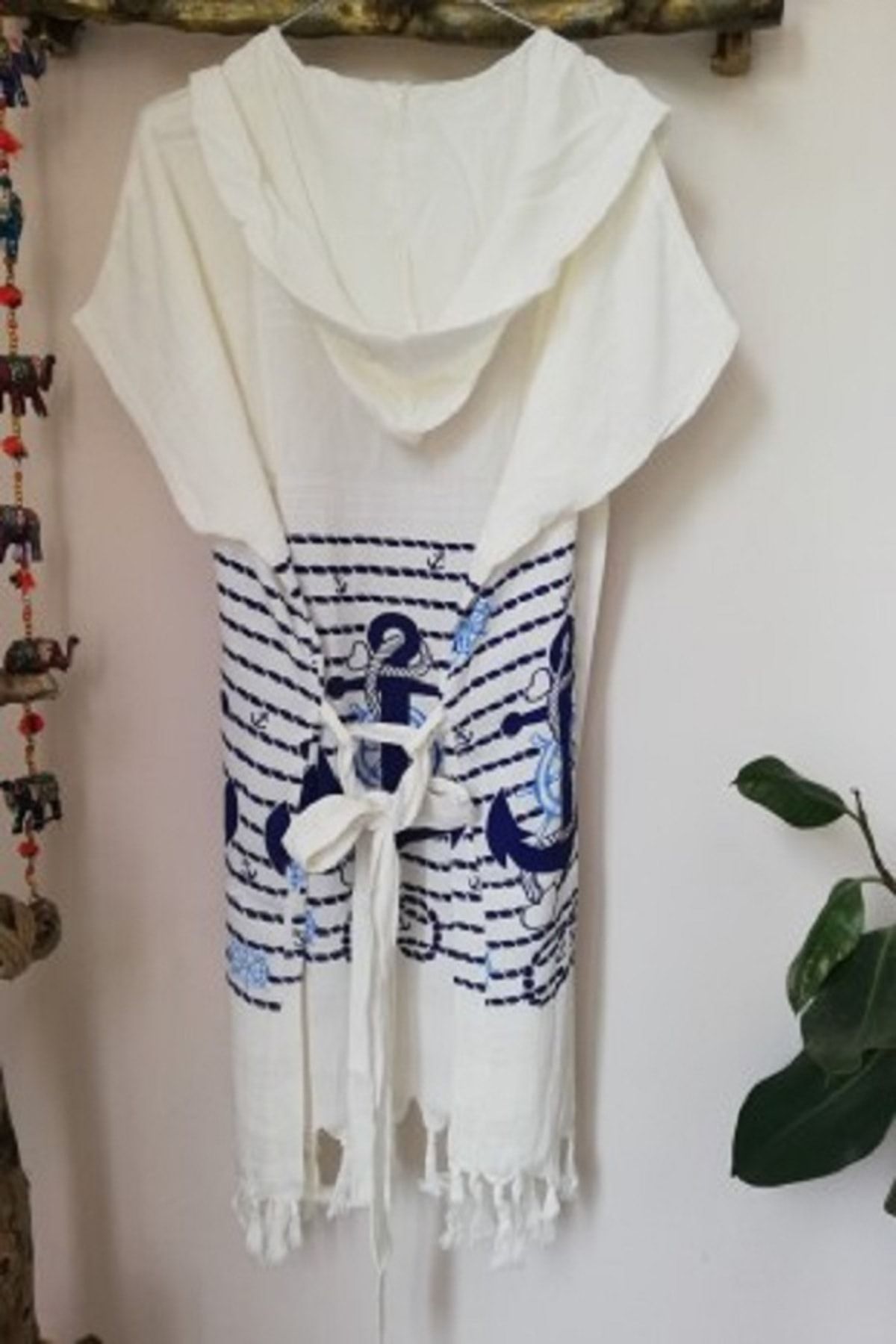 Mynova Textile Çapa Desenli Şapkalı Pamuk Plaj Bornozu