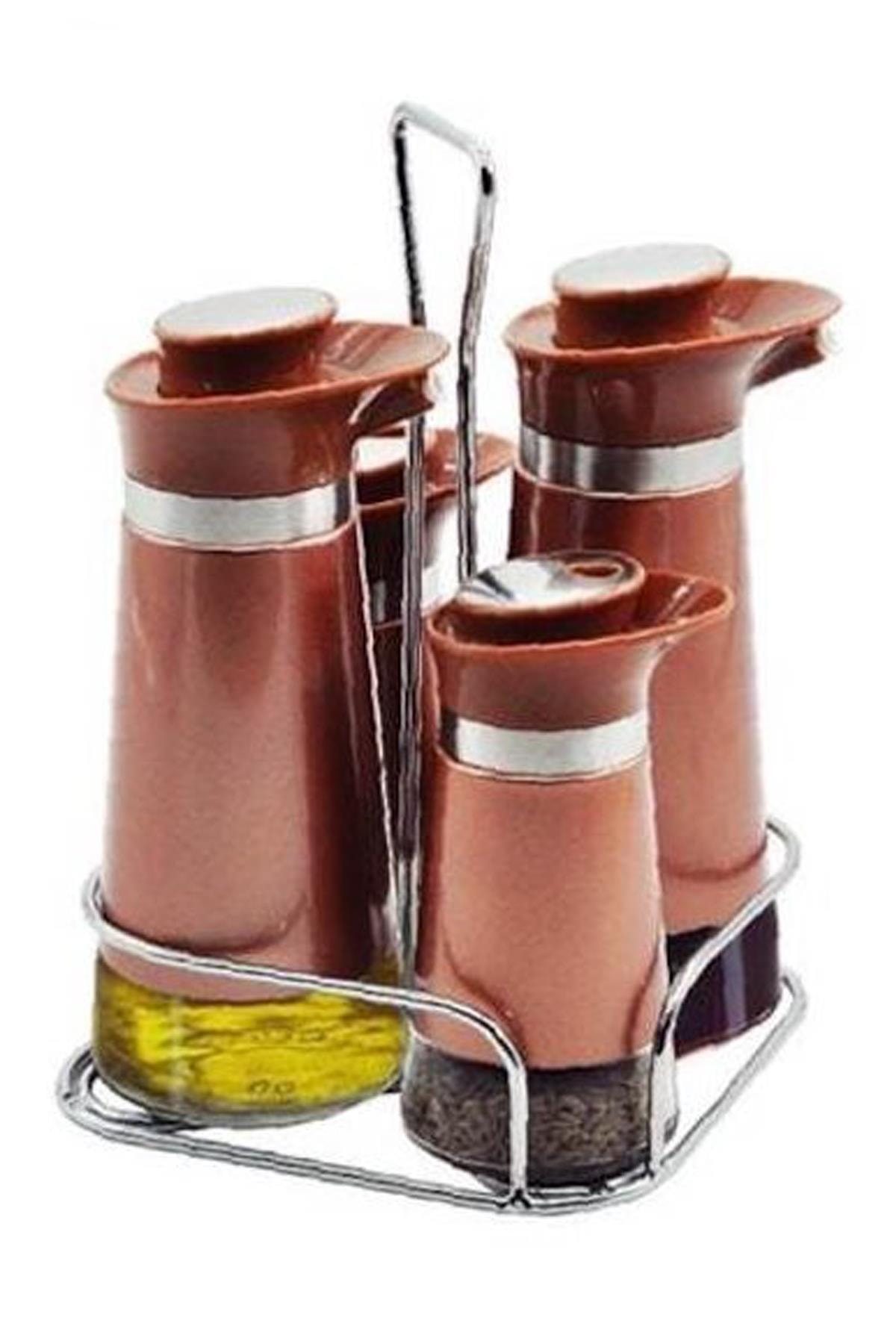 ALBETTO Bas Çek Kapaklı Cam Sosluk Yağlık Sirkelik Tuzluk Set Rosegold