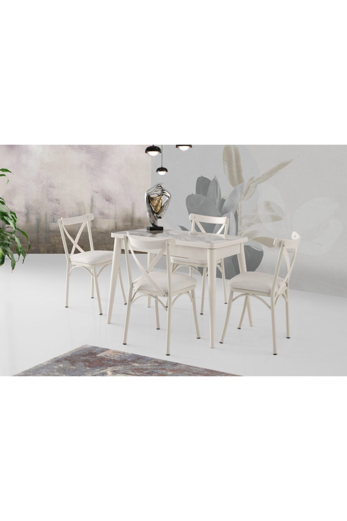 Evistro Ortadan Açılır Ahşap Salon Yemek Masası Gizli Kaşıklık Bölmeli + 6 Ekru Sandalye Takım