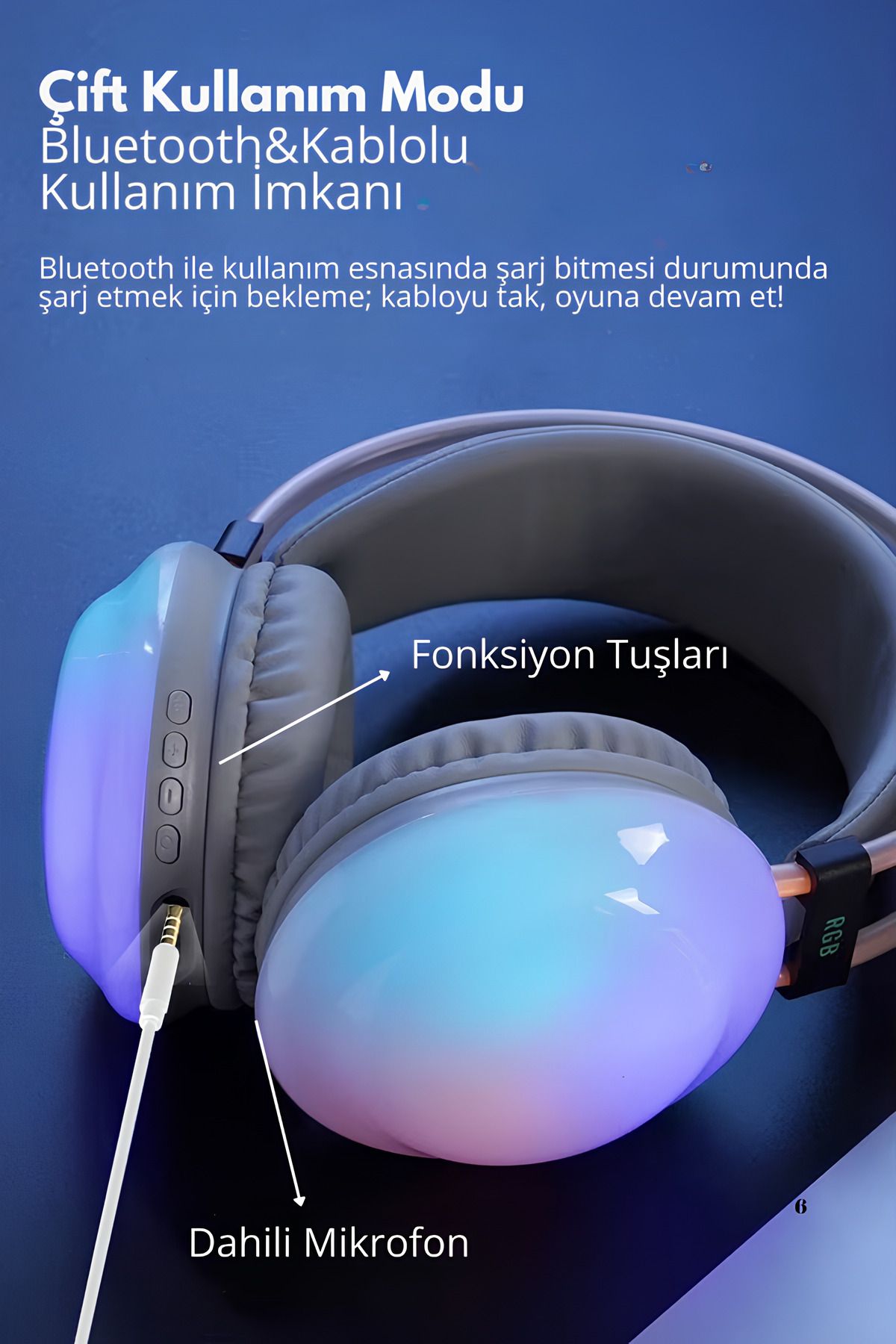 Bluetooth Kulaküstü Kulaklık 5.3 Kablolu&kablosuz Oyuncu Kulaklığı Mikrofonlu Gaming Işıklı Kulaklik