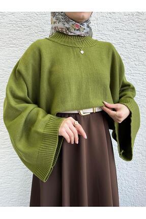 Kadın Yeşil Yarasa Kol Kazak Image 1