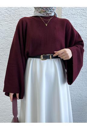 Kadın Bordo Yarasa Kol Kazak Image 0