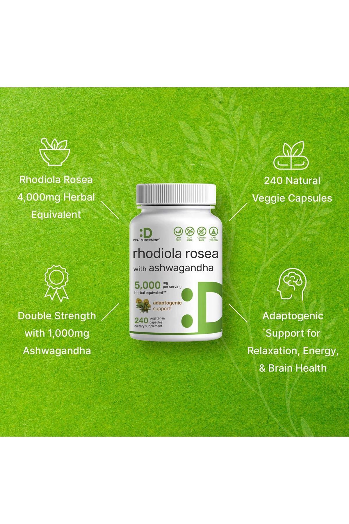 Rhodiola Rosea with Ashwagan.dhaa 5,000mg Per Serving, 240 Veggie Capsule