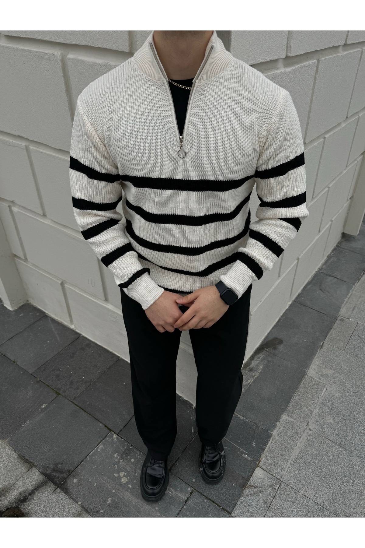 ژاکت بافتنی یقه نیمه زیپ دار مردانه