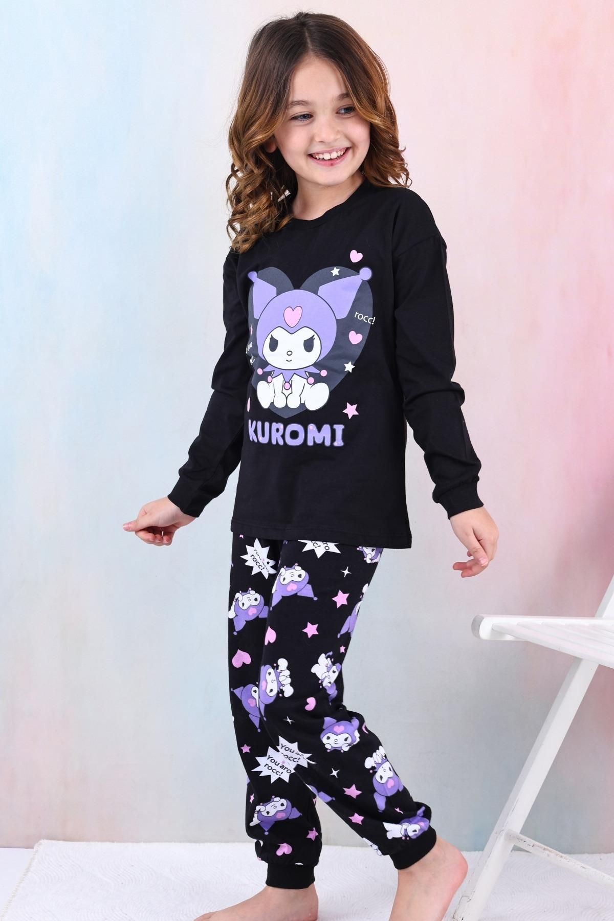 %100 Pamuk Kuromi Büyük Baskılı Kız Çocuk Pijama Takımı - Siyah