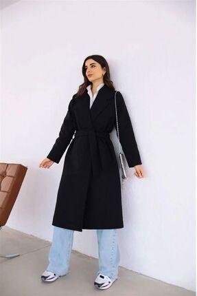 کاپشن زمستانی زنانه بلند تا زانو با کمربند و جیب، مشکی