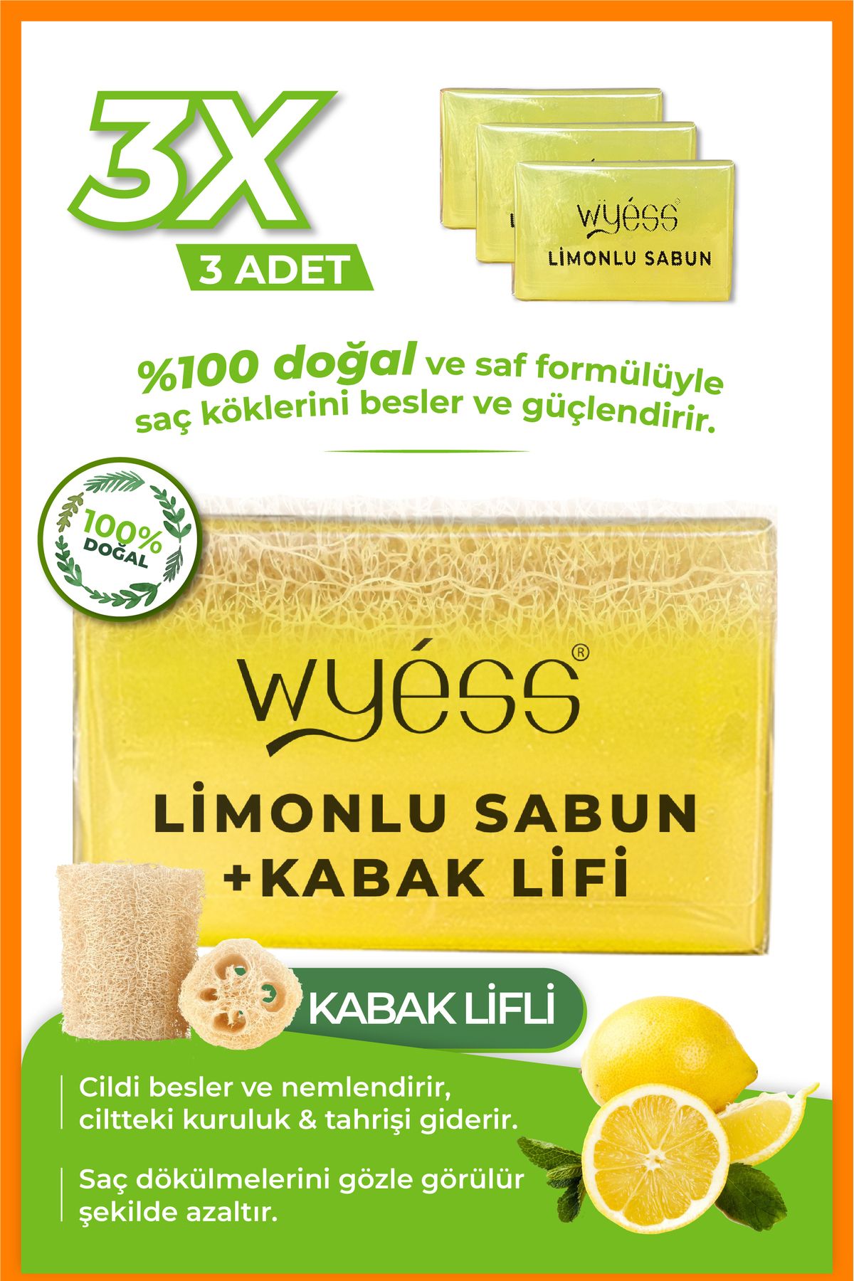 Wyess %100 Doğal Kabak LifliLimonlu Sabun (3...