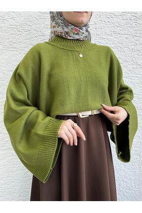 Kadın Yeşil Yarasa Kol Kazak Image 2